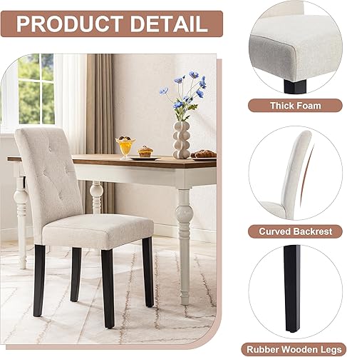 Miniatura 6 de VECELO Juego de 6 sillas de comedor tapizadas, tela moderna y patas de madera maciza y respaldo alto para cocinasala de estar, color beige