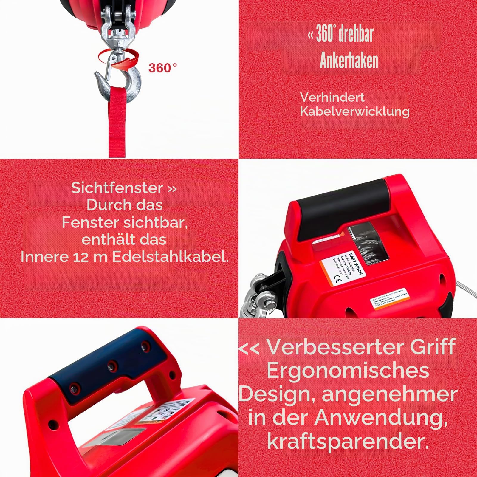 Tragbare Bohrwinde, 453,6 kg, bohrbetriebene Seilwinde mit Stahldrahtseil, 12 m, Bohrwinde zum Heben, Schleppen, Handling, Anhänger (rot)