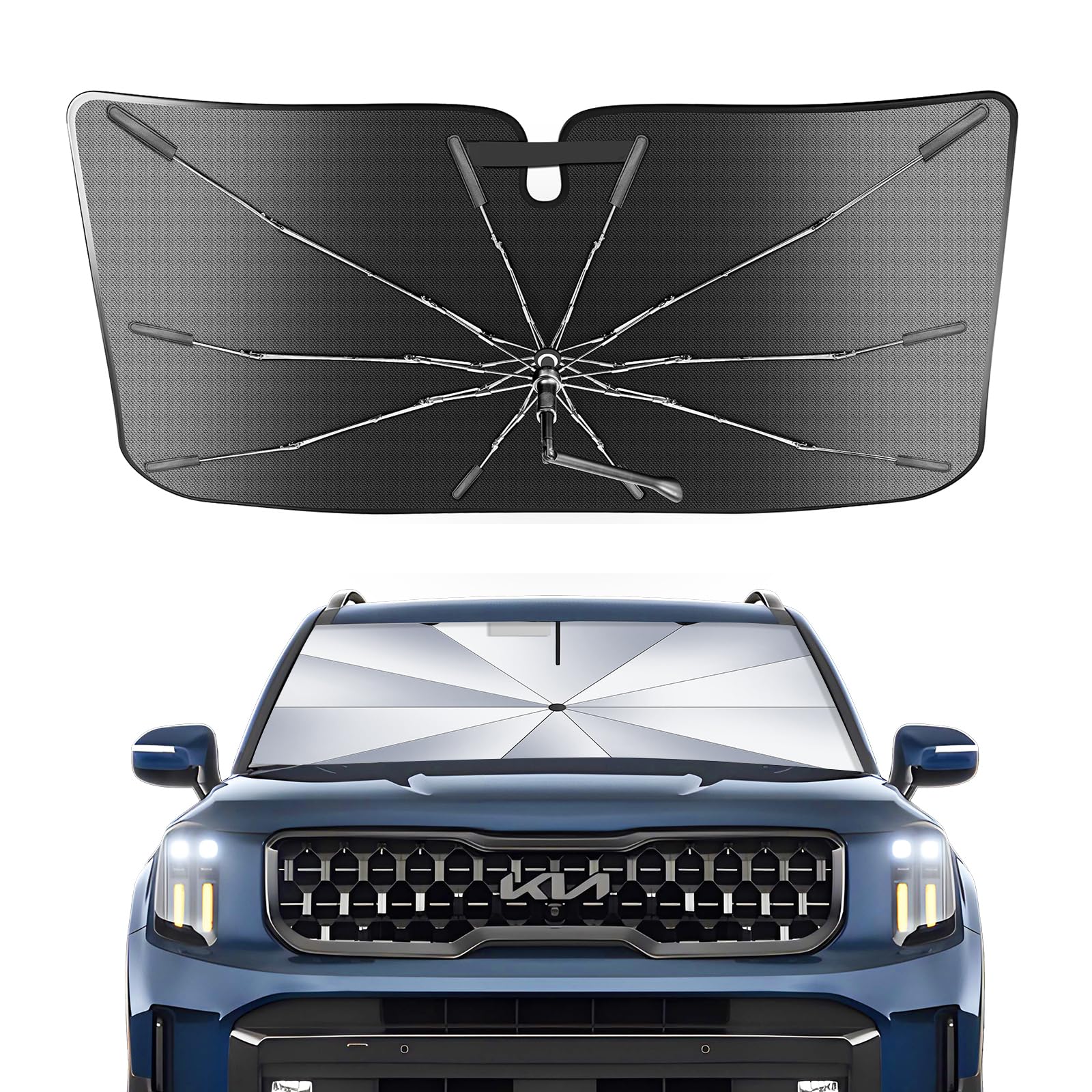 Portable Windshield Sunshade Umbrella for 2023-2025 Kia Sportage Models LX, EX, SX Prestige,X-Line AWD, X-Pro Prestige, 2 in1 Ice Crystal Durable Compact Shade Umbrella UPF50+ Outdoor Camping