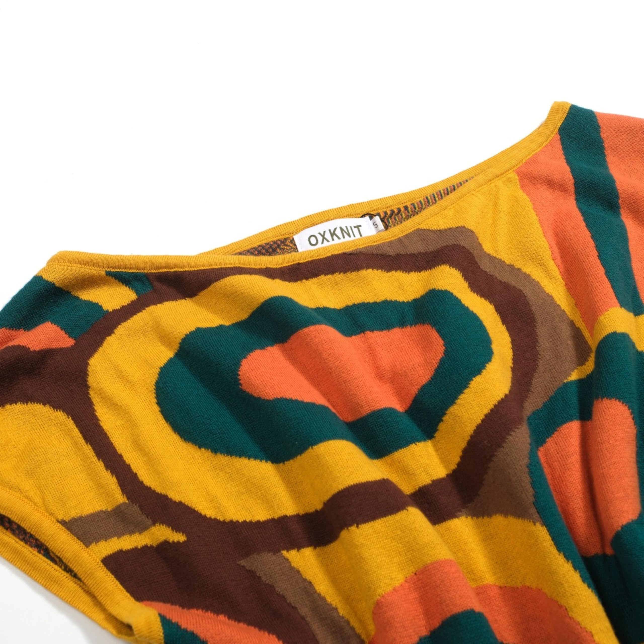 OXKNIT Schulterfreies Oberteil Damen Gestrickt Vintage Geometrische Jacquard Baumwolle Freizeit Gelb T-Shirt –Kurze Version