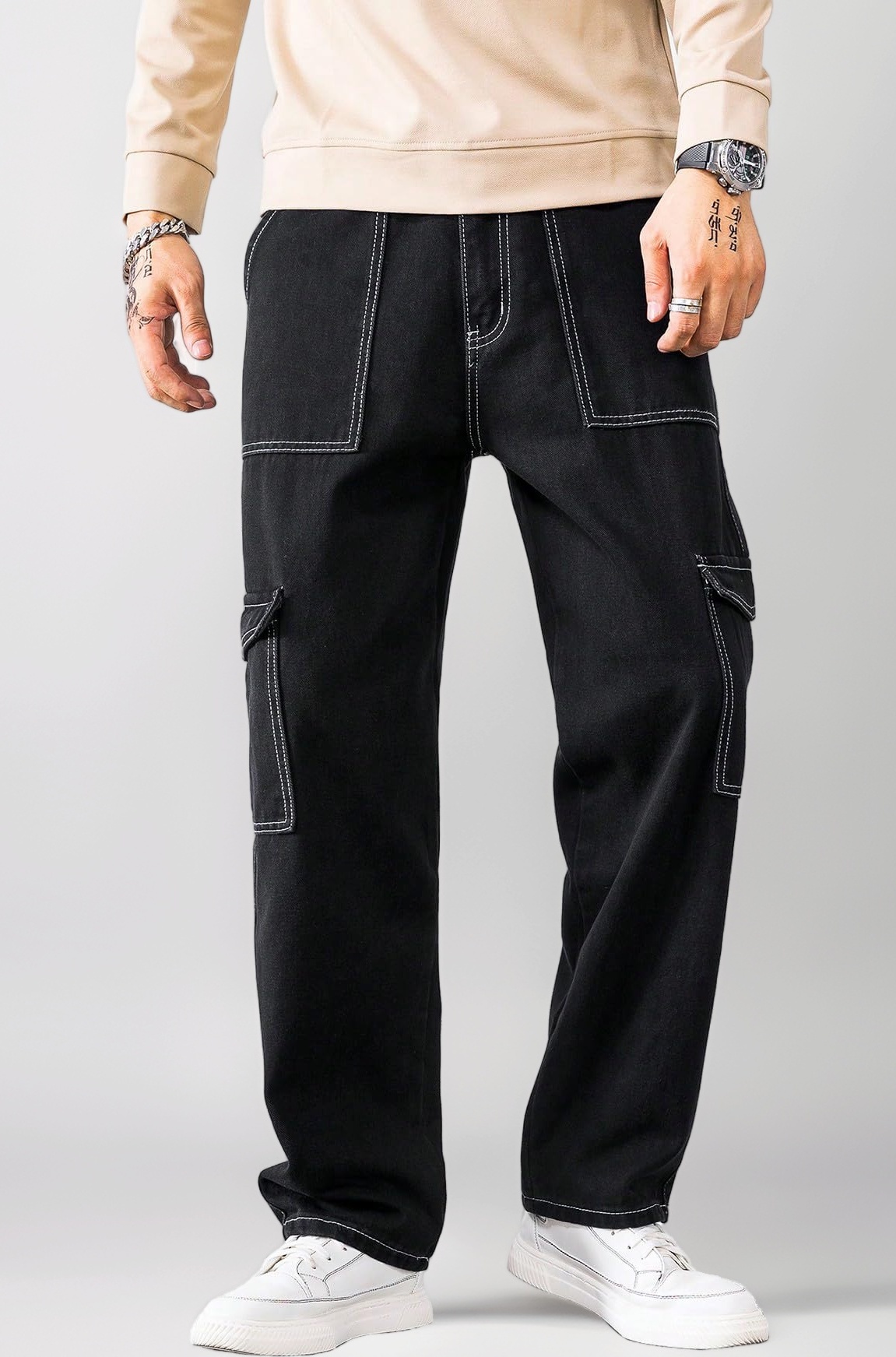 Bell-Bottom Men Cargo Jeans II Men Cargo Pants II Denim Cargo for Men II Cotton Pant II Wide Legs II Flap Pockets II Cargo for Men (Jeans-119)