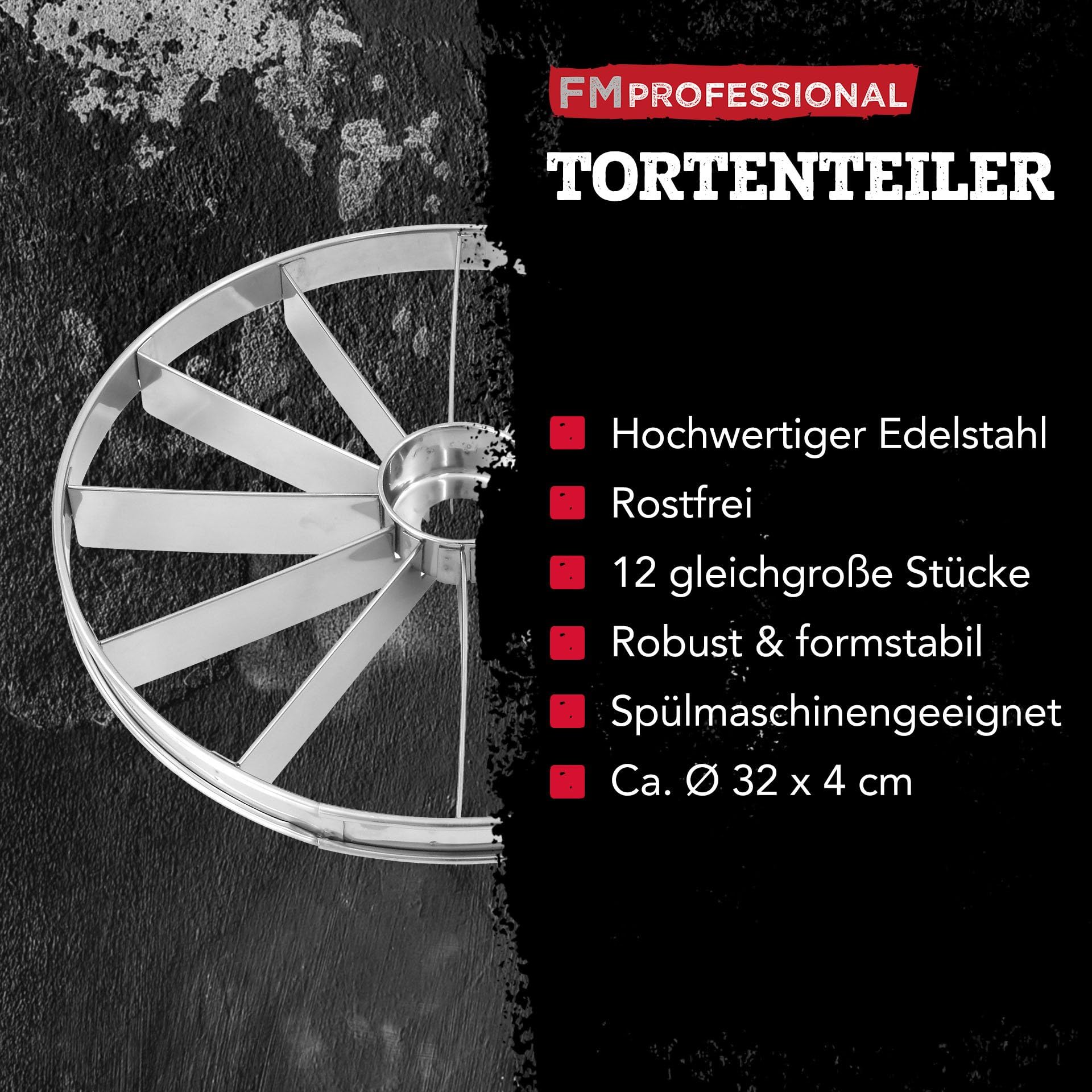 FMprofessional Tortenteiler aus Edelstahl – Tortenschneider für 12 gleichgroße Stücke, rostfreier Kuchenportionierer für Torten und Kuchen, spülmaschinengeeigneter Kuchenteiler
