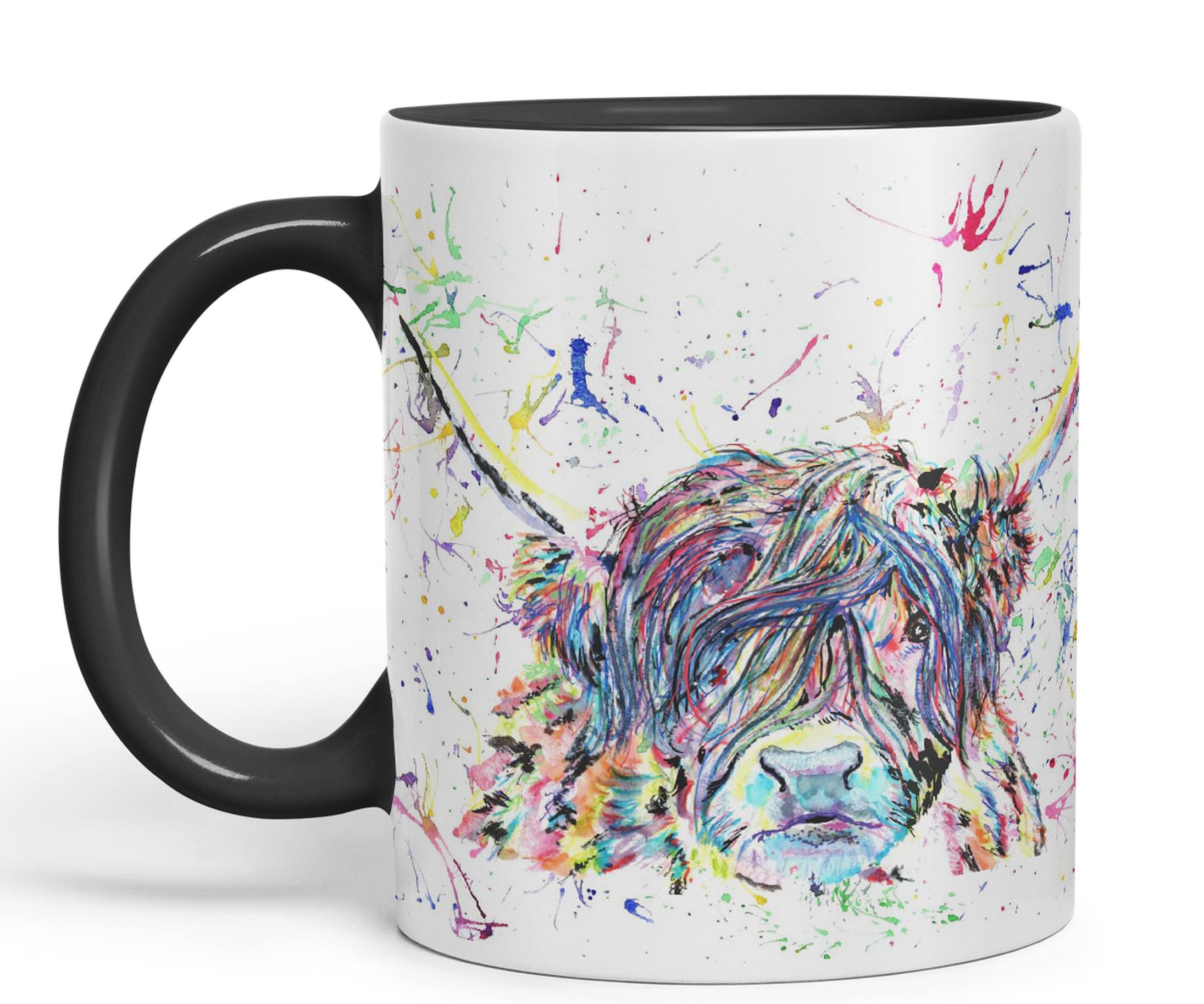 Vixar Black Highland Cow Scottish Farm Animal Watercolour Rainbow Art Coloured Mug Cup, Gift, Birthday, Work, Office, Christmas Tea Coffee (Black)