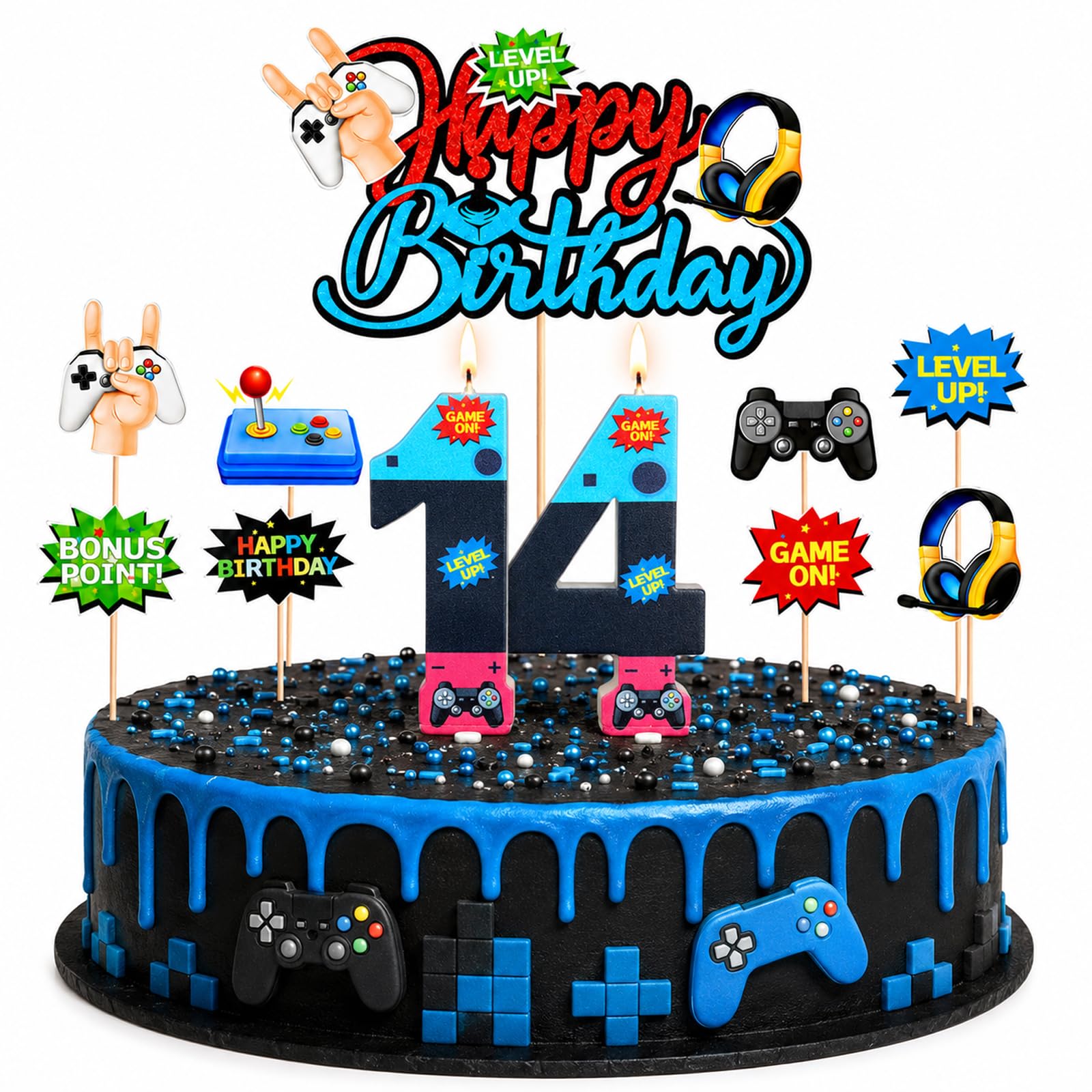Bolosa 14th Birthday Gaming Cake Topper and Candles Set,11 Pcs Video Game Birthday Decorations with Number 14 Candles,Happy Birthday Topper & Picks,Gamer Party 14th Birthday Decorations For Boys Girls
