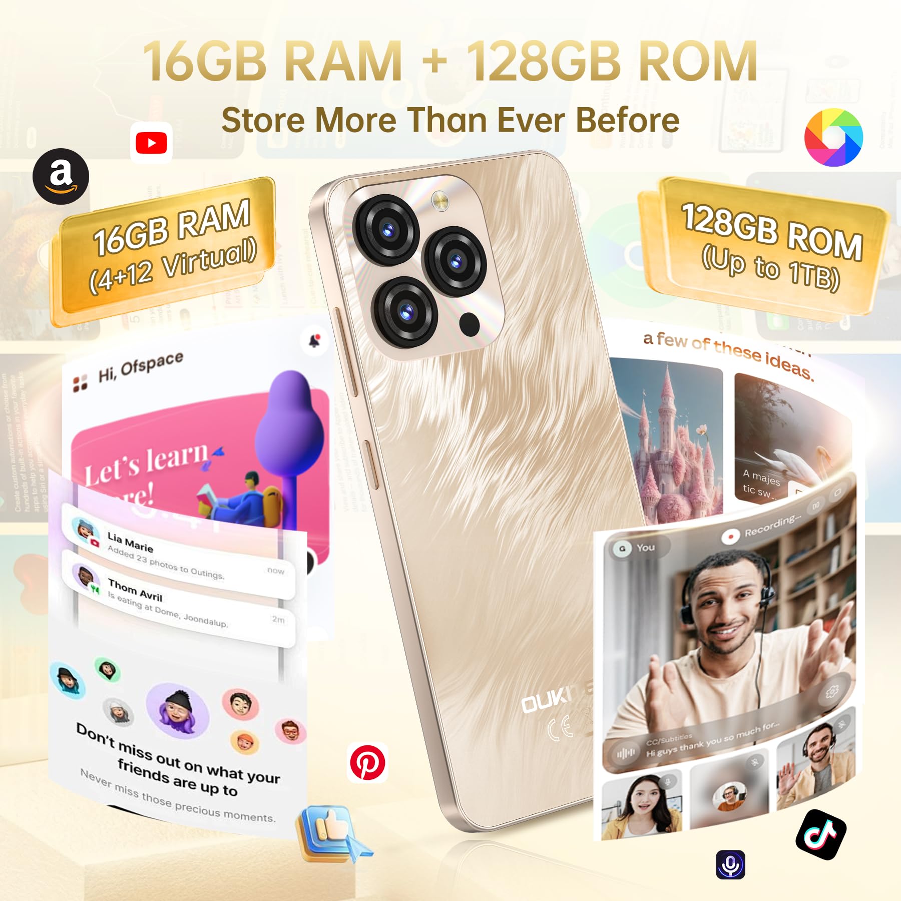 OUKITEL C3 Smartphone, 16GB+128GB/1TB Telefono Cellulare, 6.52" HD+ Smartphone Android, 5000mAh Telefoni Offerta, 13MP+5MP Camera Telefoni Cellulari, Dual 4G SIM Cellulari/Face ID/OTG/GPS/3.5mm Jack