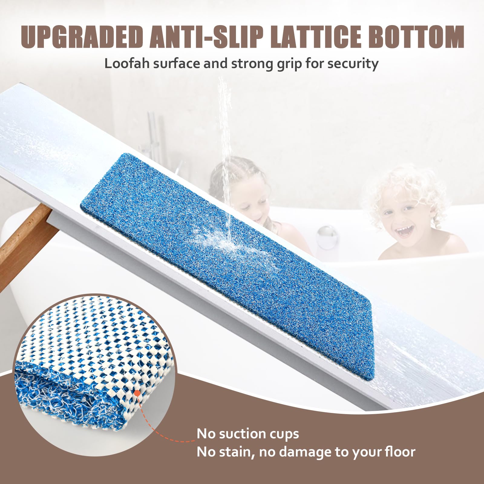 Tappetino da doccia antiscivolo e antimuffa: tappetino da bagno per vasca da bagno interno, 60 x 40 cm, antiscivolo, per doccia interna, tappetino da doccia in luffa blu, lungo, lavabile, per anziani