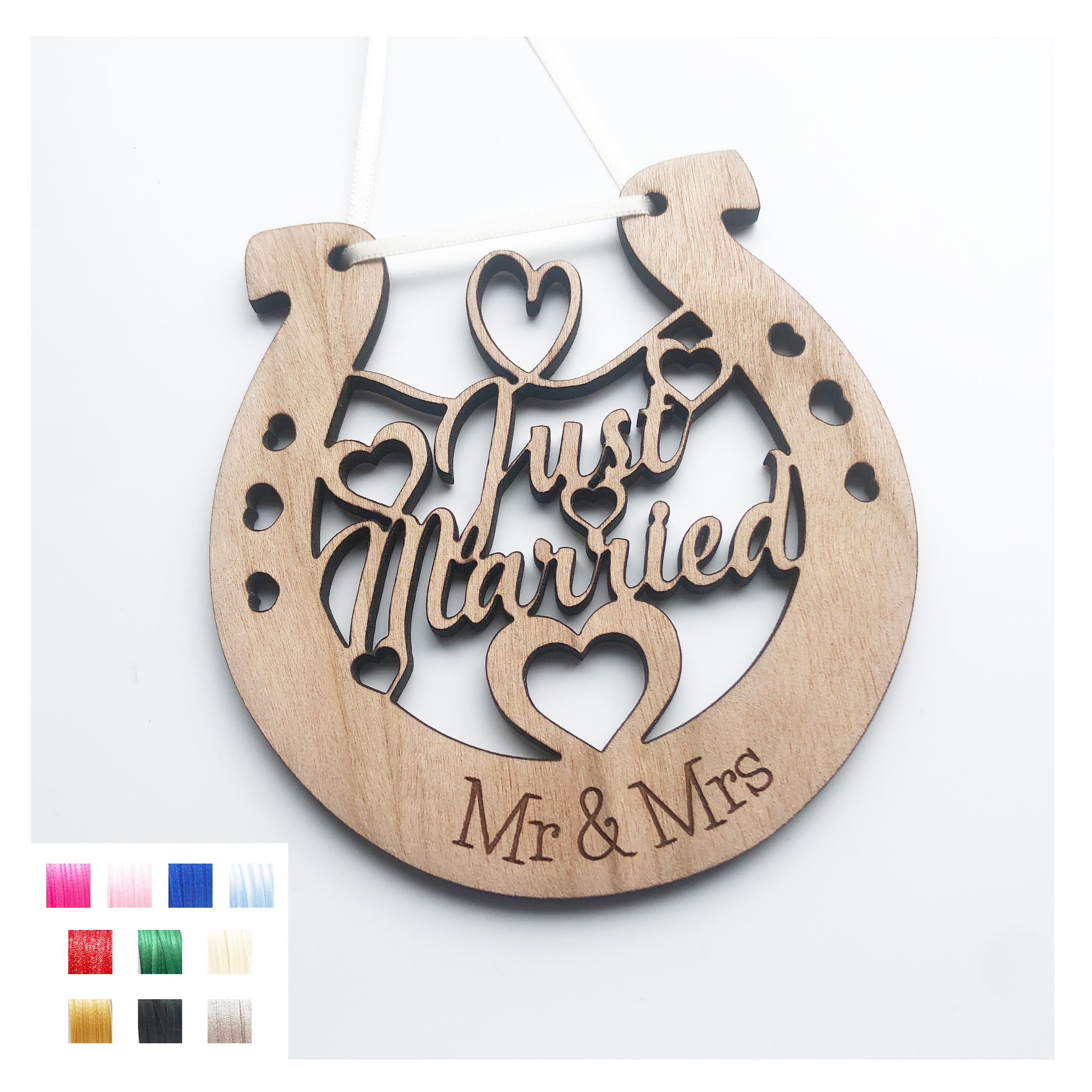 Lovethis** Cherry Wood Wedding 'Mr & Mrs' - 'Just Married' - 'Happy Ever After' - 'Mummy & Daddy' - 'Aunty & Uncle' Wooden Horseshoe's - Bride & Groom (Just Married)