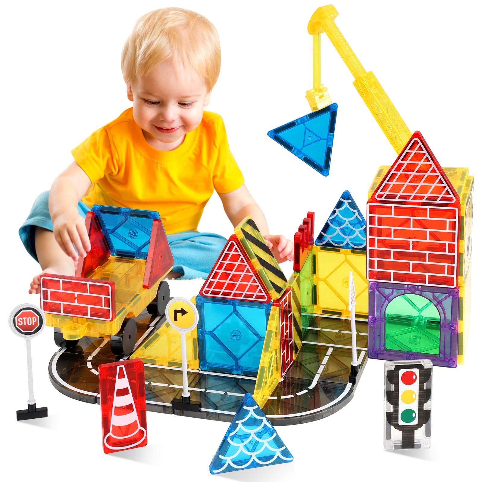 Magnetic Tiles Road Set Kids Toys, Magnetic City Construction Toys with Magnet Crane for 3+ Year Old Boys Girls, STEM Magnet Blocks Building for Kids Ages 3-5 4-8