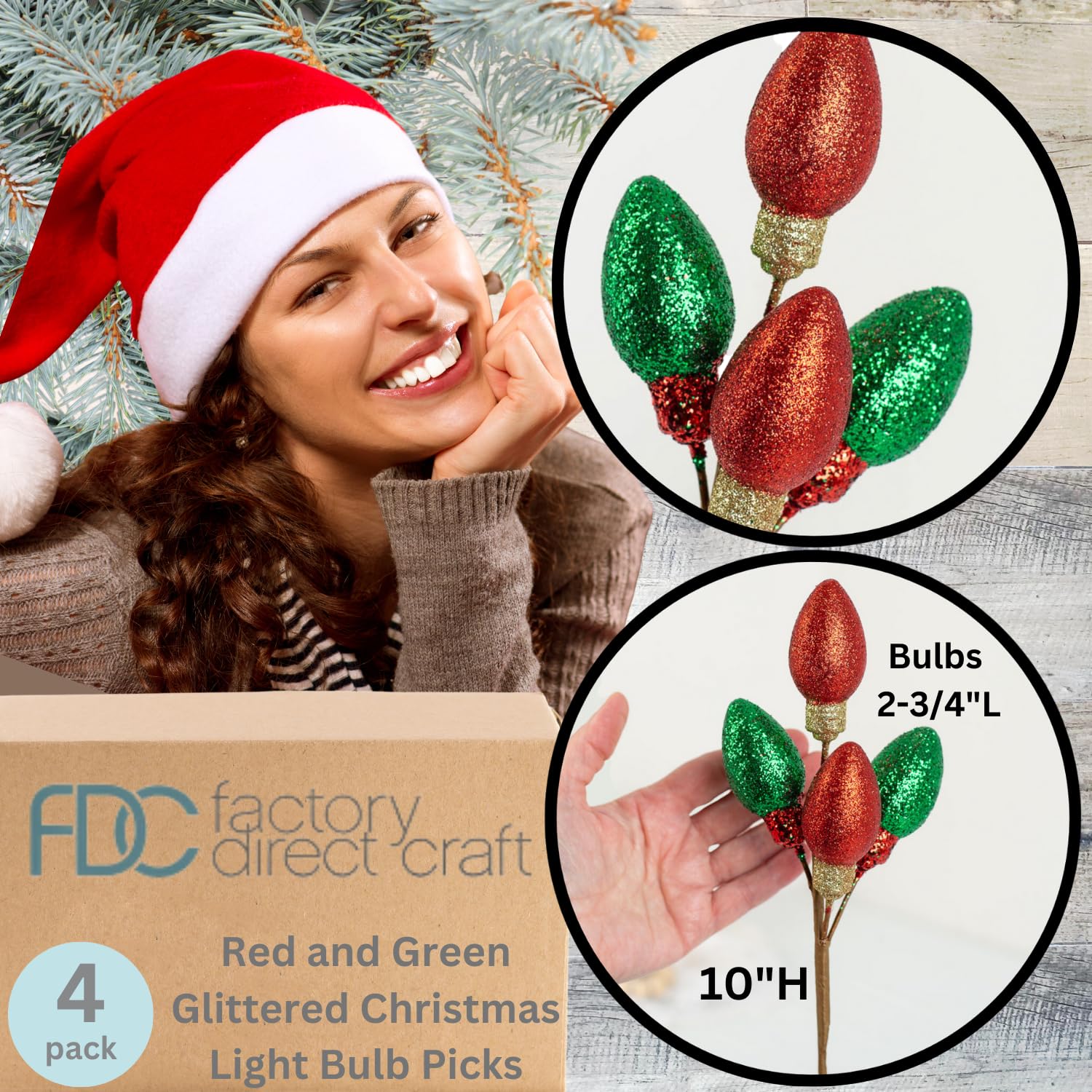 Factory Direct Craft Glittered Christmas Bulb Picks Red and Green Set of 4 for Christmas Tree Decorating and Holiday Displays - 10 Inches High