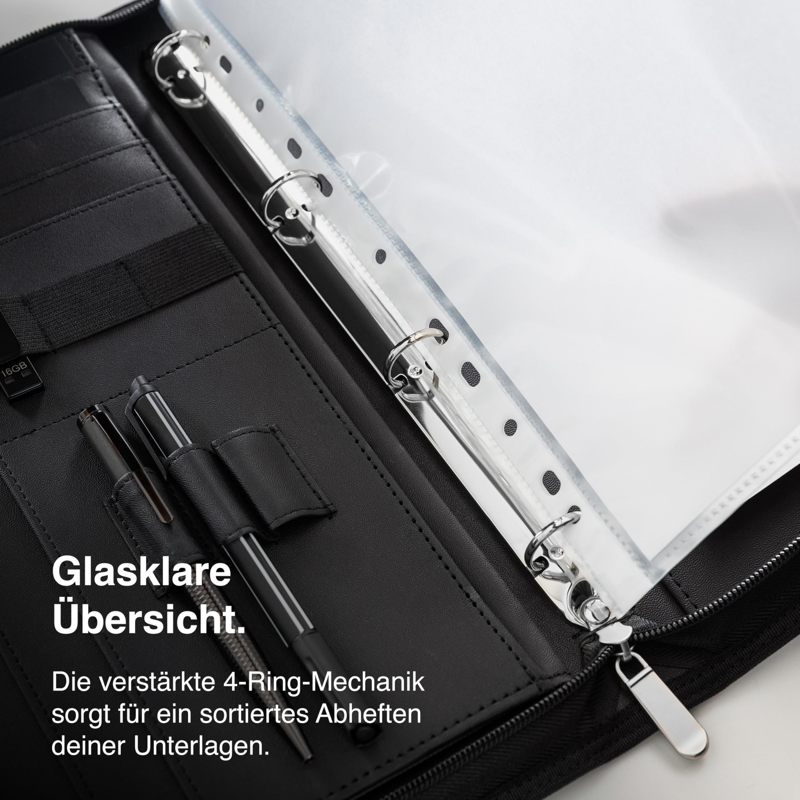 Vebon® Carpeta de anillas A4 "Berlin" I con cremallera + portapapeles I Carpeta de conferencias + funda para ordenador portátil I espacio extra I Negro I piel sintética, Gris Fantasma, moderno