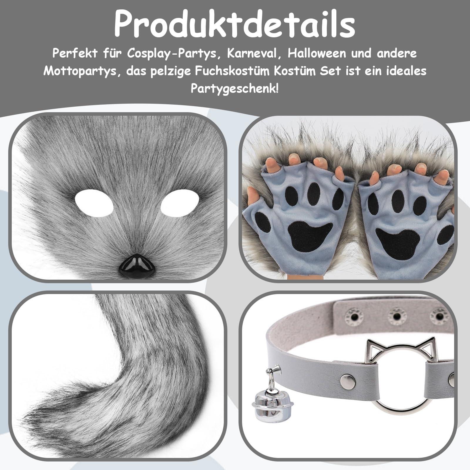 Xerteam Faux Fur Fox Costume, Fluffy Cat Wolf Cosplay Costume Set Plush Fox Tail Mask Bells Necklace Gloves - Image 4