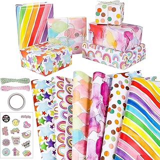 HASTHIP® गिफ्ट रैपिंग पेपर किट गिफ्ट बॉक्स रैपिंग पेपर टाई रस्सियों के साथ, सजावटी स्टिकर, जन्मदिन के लिए लवली प्रिंट गिफ्ट रैपिंग पेपर, दिवाली, त्यौहार, क्रिसमस, 27.5 x 19.6 इंच