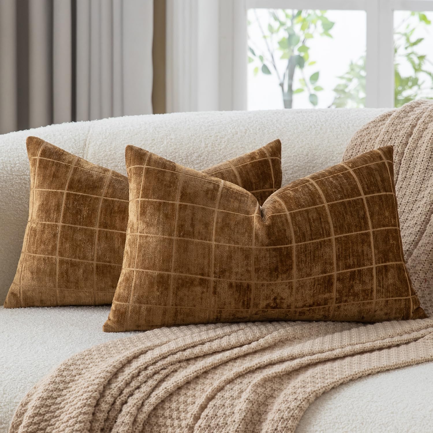Mandioo Pack of 2 Chenille Check Cushion covers 30x50cm 12x20 Inch Vintage Plaid Decorative Pillow Covers Soft Velvet Backing Throw Pillow cases Farmhouse Sofa Couch Bed Living Room Brown โ image 1