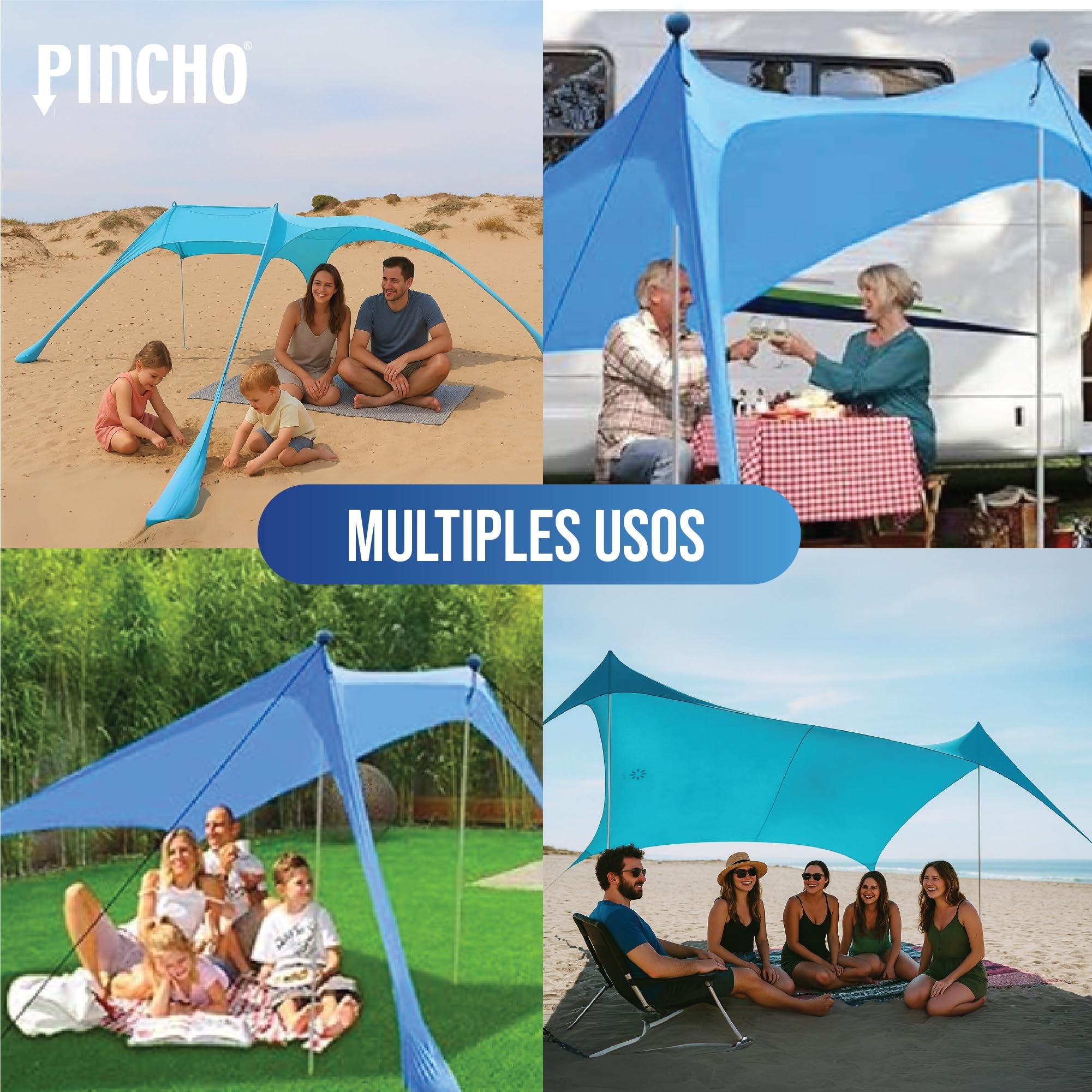 PINCHO Carpa Playa Portátil UPF50+ 210x210 cm para 2-3 Personas, Toldo Playa Plegable con Anclas de Arena, Palos de Aluminio y Refugio Solar Resistente al Viento para Camping y Jardin