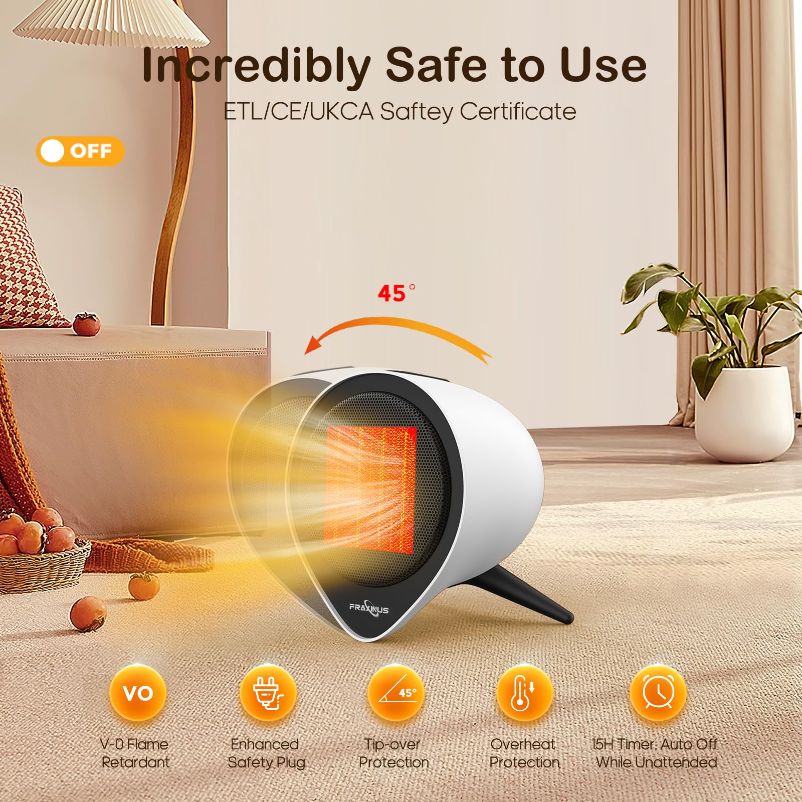 Termoventilatore Ceramico 1500W, Stufetta Elettrica con Timer 15H, PTC Stufe Elettriche 2 Impostazioni di Temperatura, Protezione da Surriscaldamento & Ribaltamento, Casa o Ufficio – Bianca.