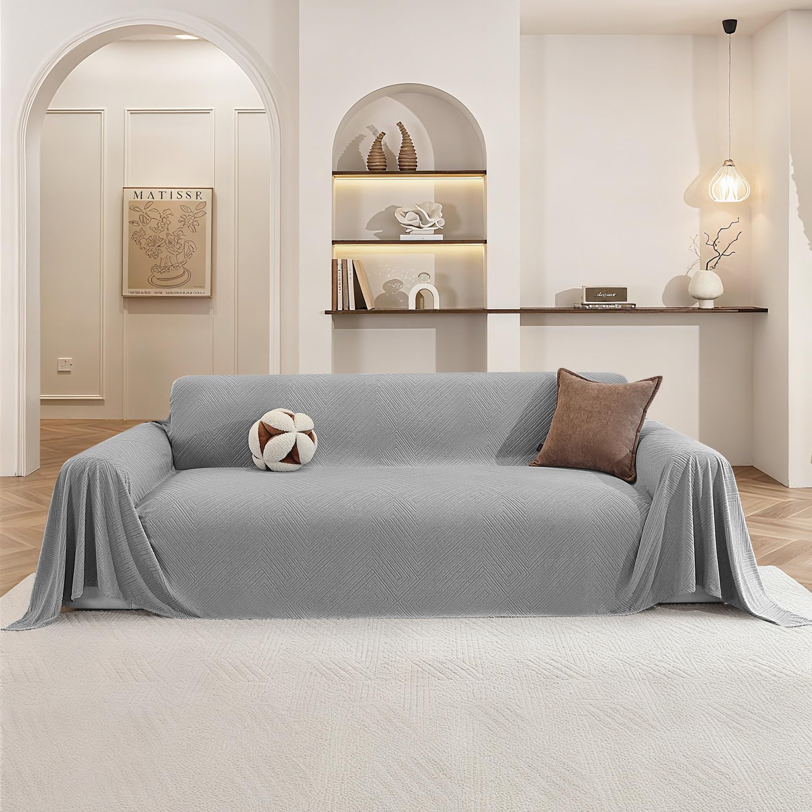 Ystyle 4 Seater Sofa Cover, 180 x 380 cm, Non-Slip Sofa Cover, Stain Resistant Sofa Covers, Large Sofa Cover, Scratch-Resistant Sofa Protector, Cats Dogs, Sofa Cover, Light Grey