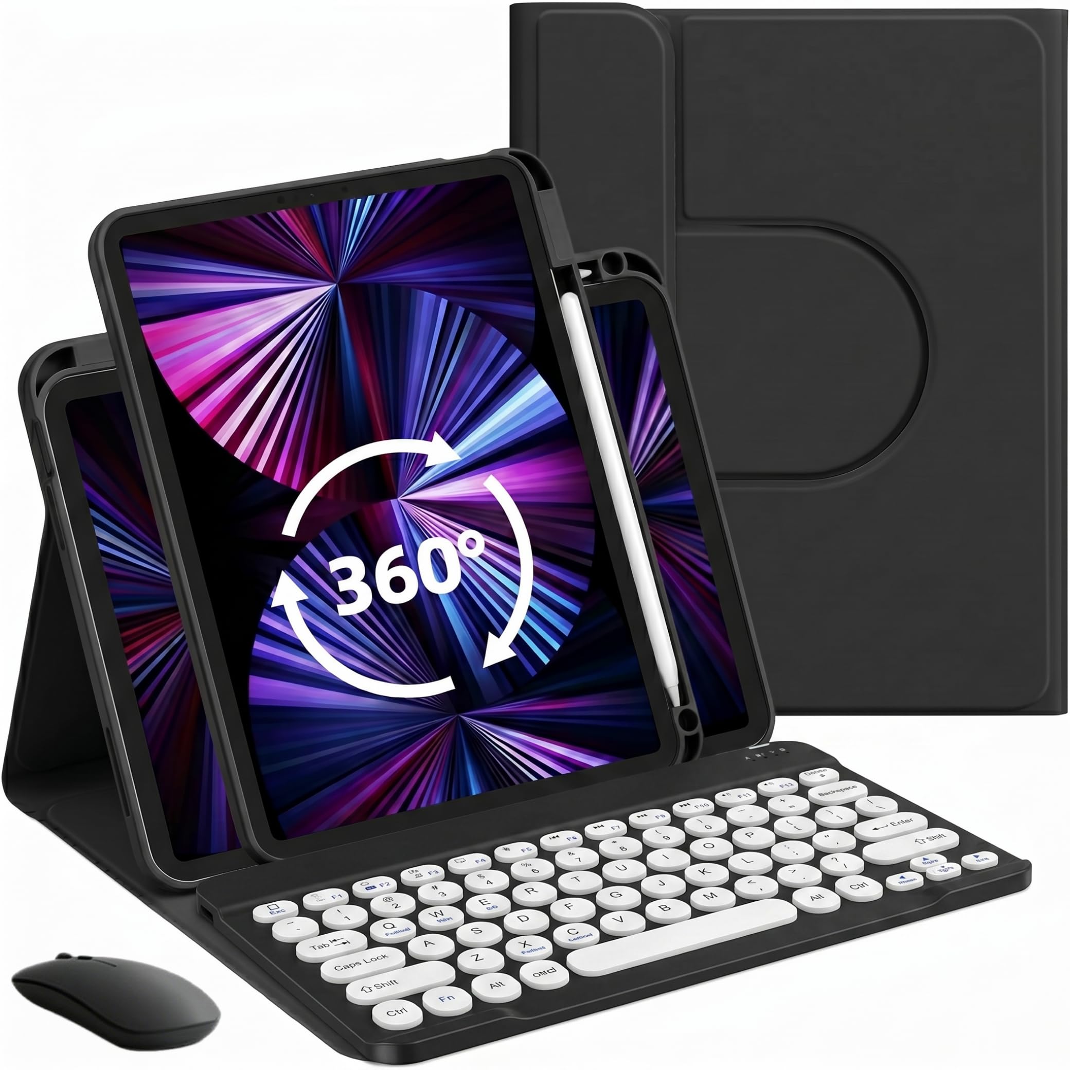 対応 iPad 第9世代 キーボード ケース 10.2インチ iPad 第8世代 第7世代 キーボード 付きカバー 縦置き ペン収納 耐衝撃 透明 クリア 背面カバー マグネット分離式 丸型キー ワイヤレスBluetoothキーボード&マウス付き 可愛い, 黒