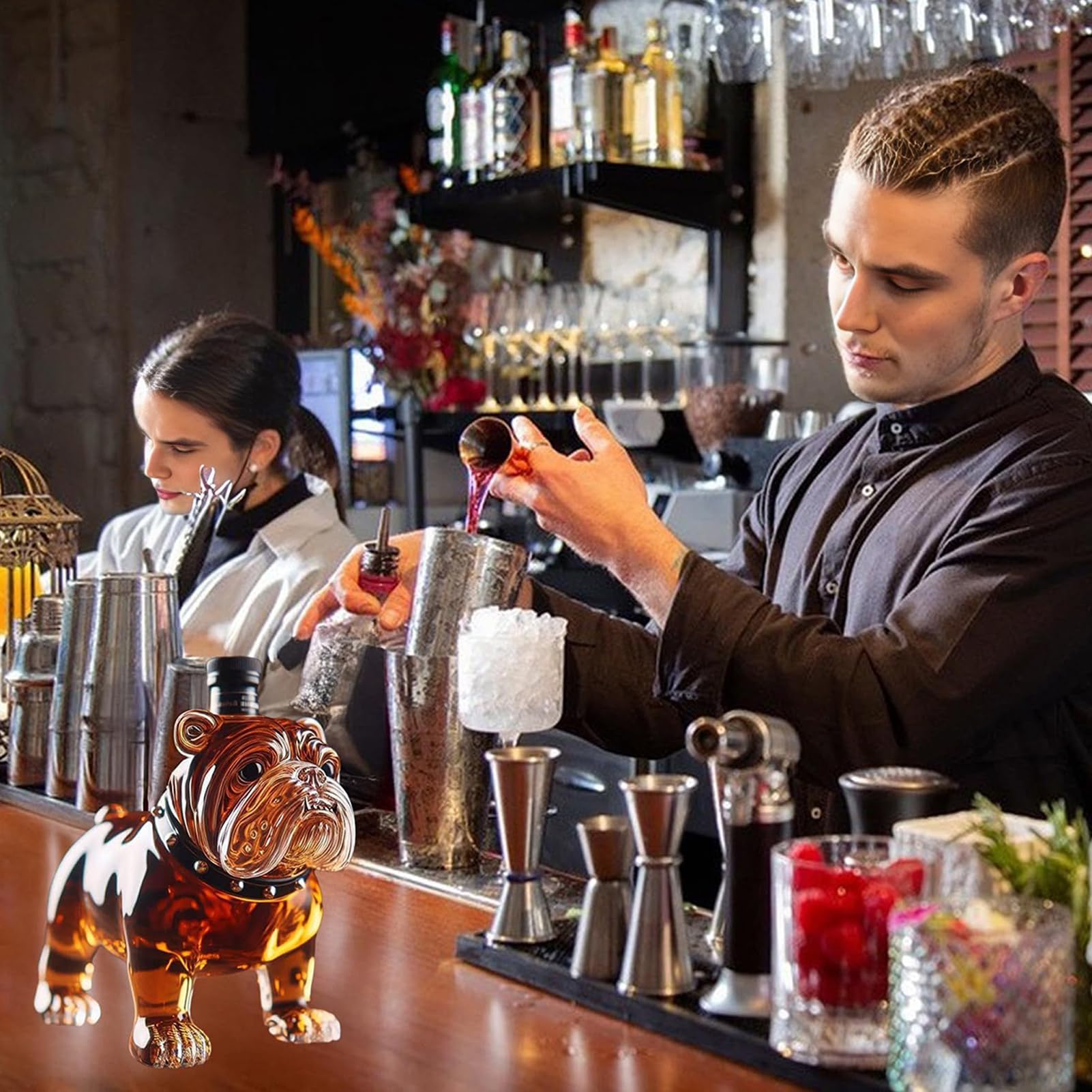 Karafka Buldog francuski – pojemnik na alkohol o dużej pojemności, wizualny wyświetlacz likieru, prezentacja likierów w stołowym, bar kolekcjonerski, do nalewania