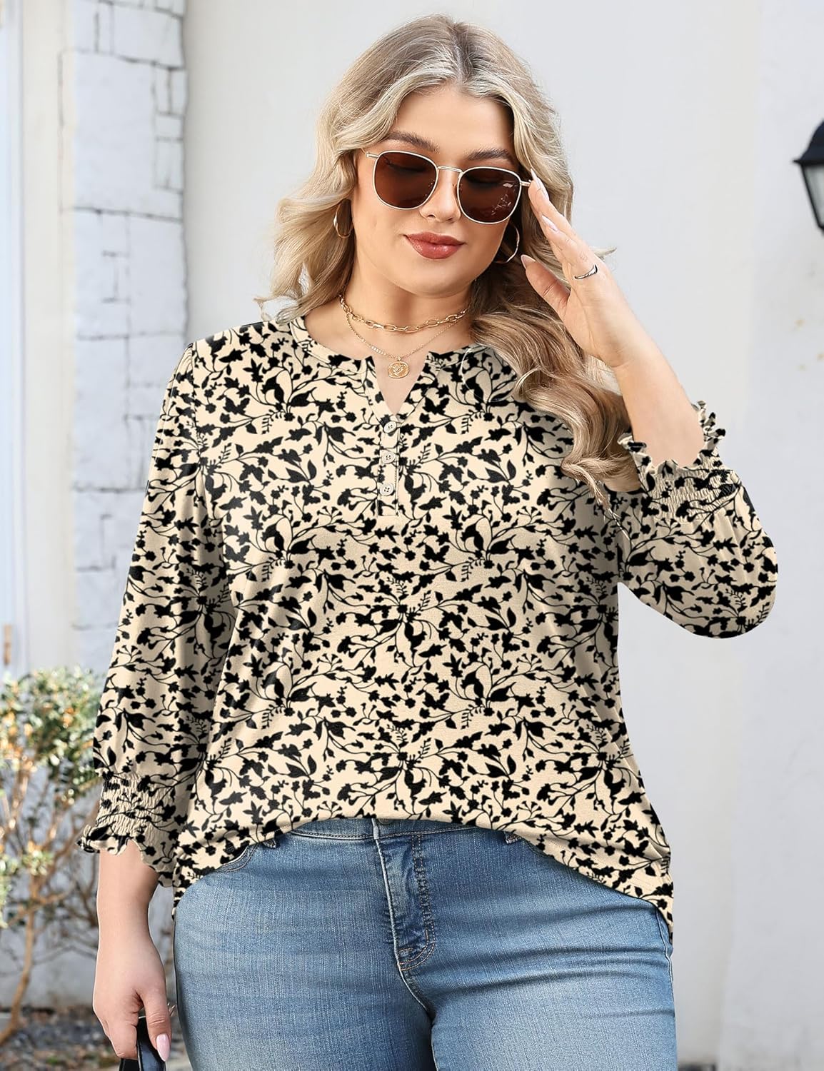 LOMON Womens Plus Size Tops 3/4 Length Sleeve Womens Tops Casual V Neck Loose Fit Blouses 1X-5X - Image 5