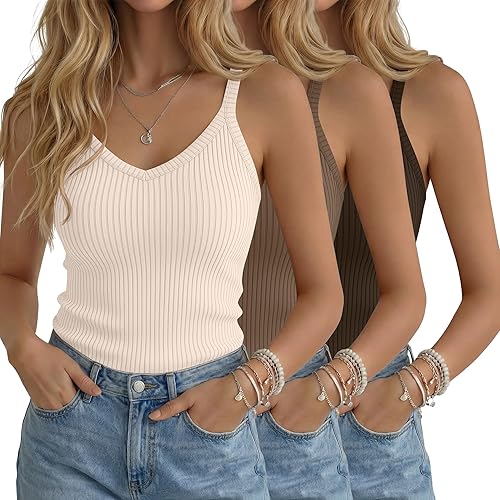 3 Pack Women's Ribbed Tank Tops Spaghetti Strap V Neck
