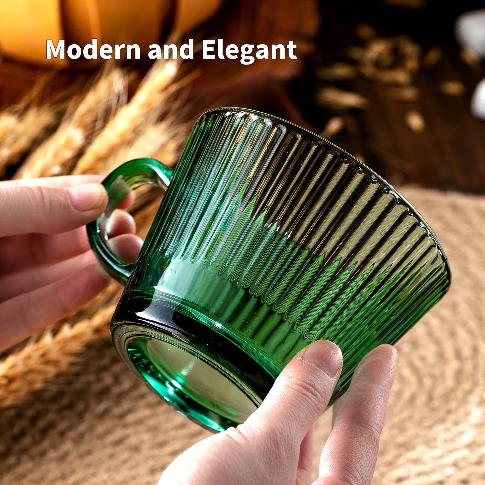 Set Di 2 Tazze In Vetro Verde 396 Ml Con Strisce Verticali E Cucchiaini Dorati, Stile Vintage, Impilabili - 4