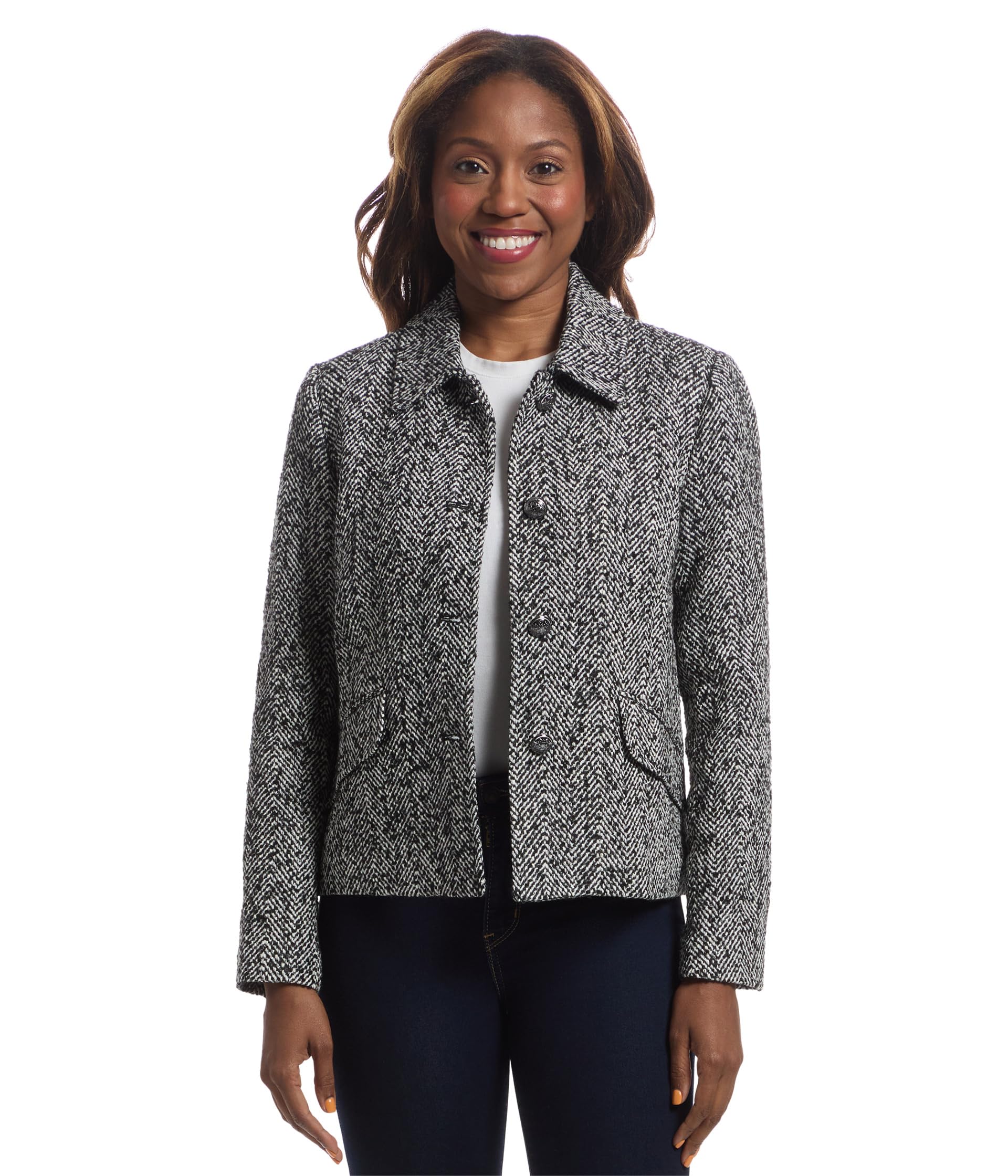 Elliott Lauren womens Power Play - Button Closure Herringbone Jacket With Flap Pockets Detail