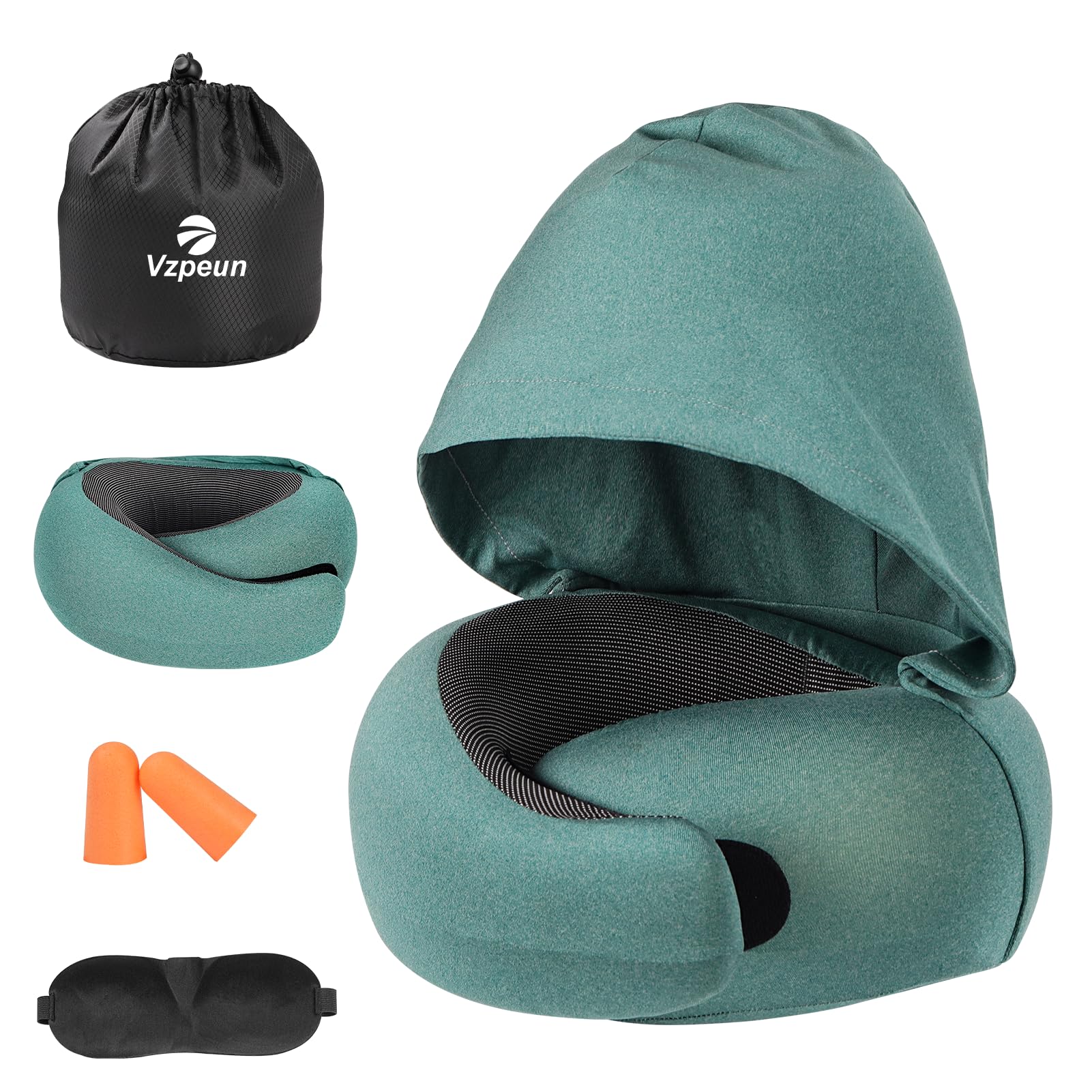 Vzpeun Travel Pillow - Hooded Neck Pillow Airplane Memory Foam Filling for Plane Office Cars Sleeping Road Trip