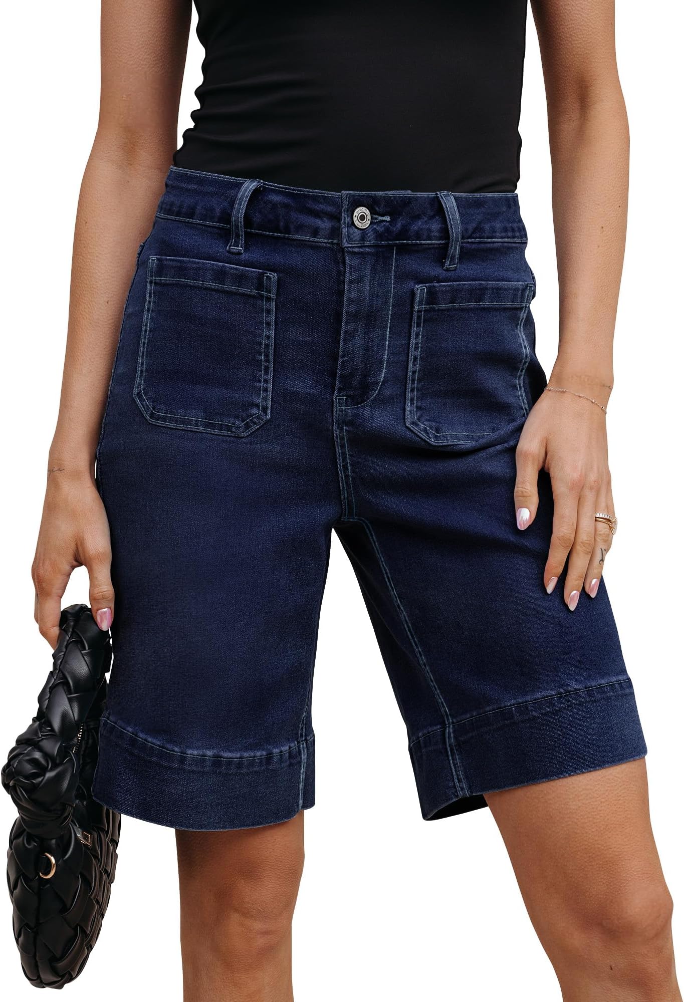 Bermuda Shorts for Women High Waisted Trendy Patch Pocket Casual Vintage Long Stretchy Denim Shorts Summer Jorts