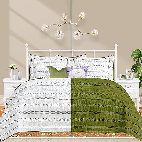 Miniatura 3 de Querencia Colcha reversible en verde y blanco tamaño King, colcha bordada 100% algodón, edredón de rayas de granja, juego de ropa de cama bohemio