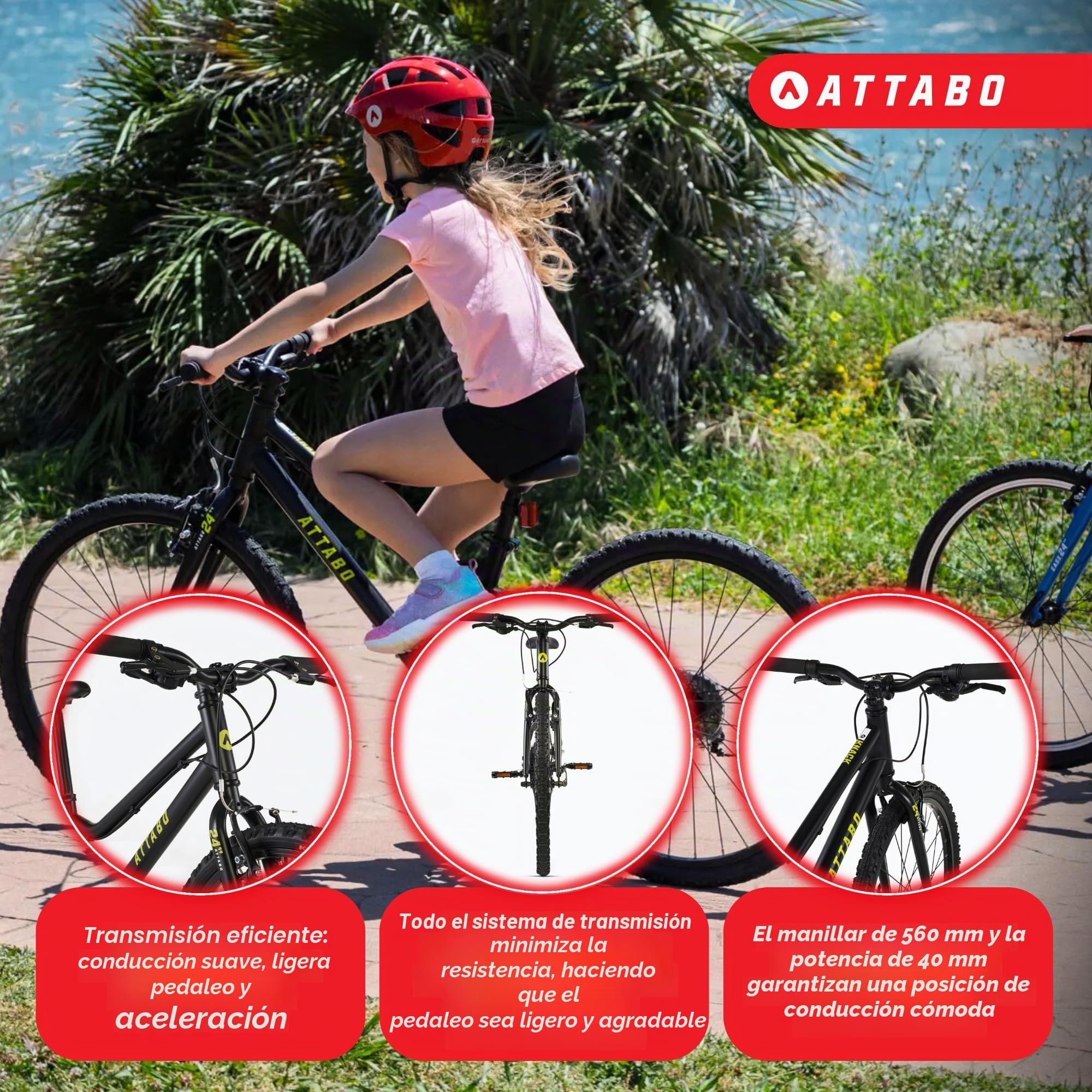 ATTABO Knack 24 - Bicicleta Infantil (7-11 años) con Cuadro de Aluminio Ligero (Solo 10 kg), Ruedas de 24", Horquilla de Acero, para 120-145 cm, Manillar ergonómico Ideal para Senderismo y Tiempo