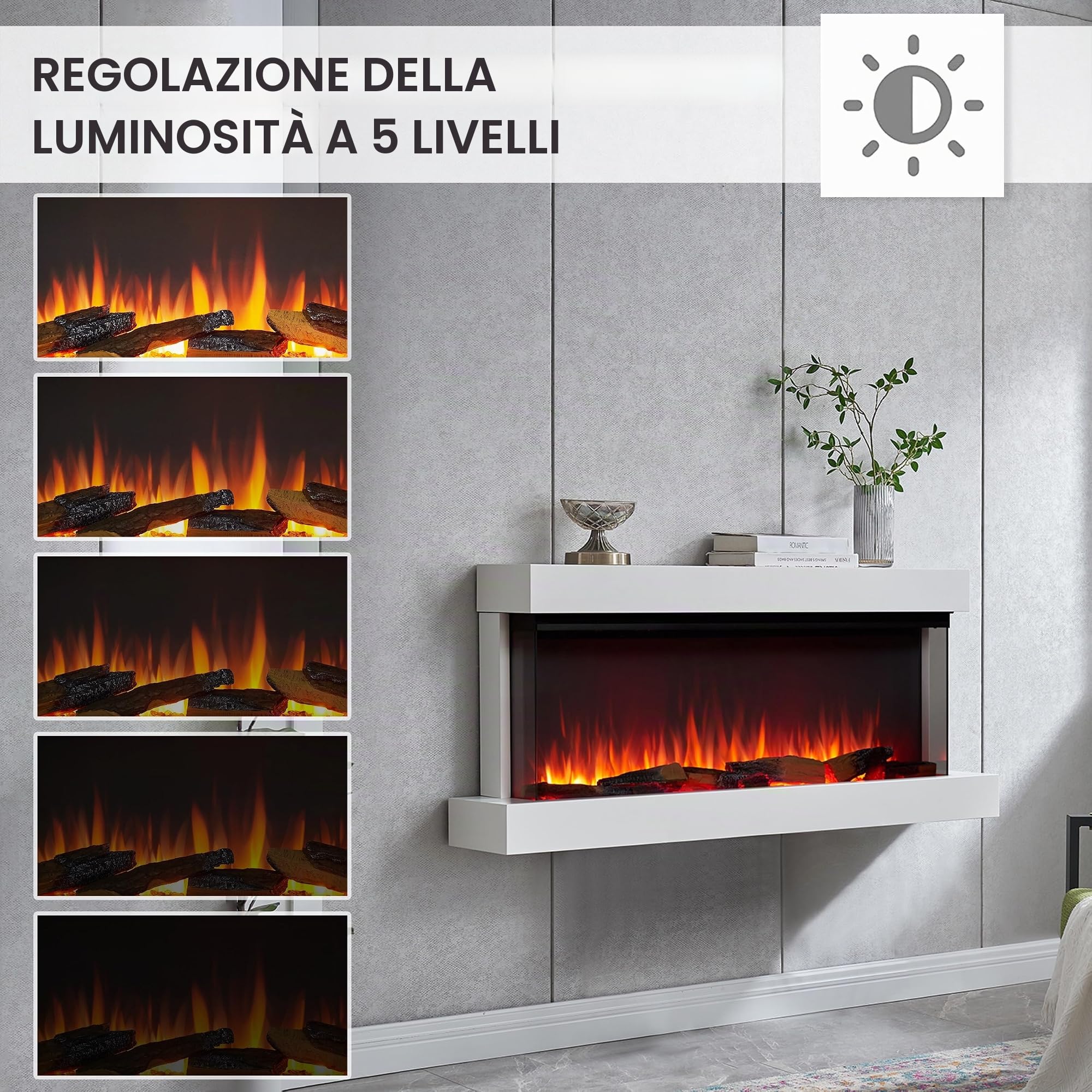 BALDERIA Camino elettrico Achilles L | Camino elettrico da parete con effetto fiamma 3D | Riscaldamento 1500 W, illuminazione a LED, WiFi, controllo app, suono scoppiettante, telecomando, timer e