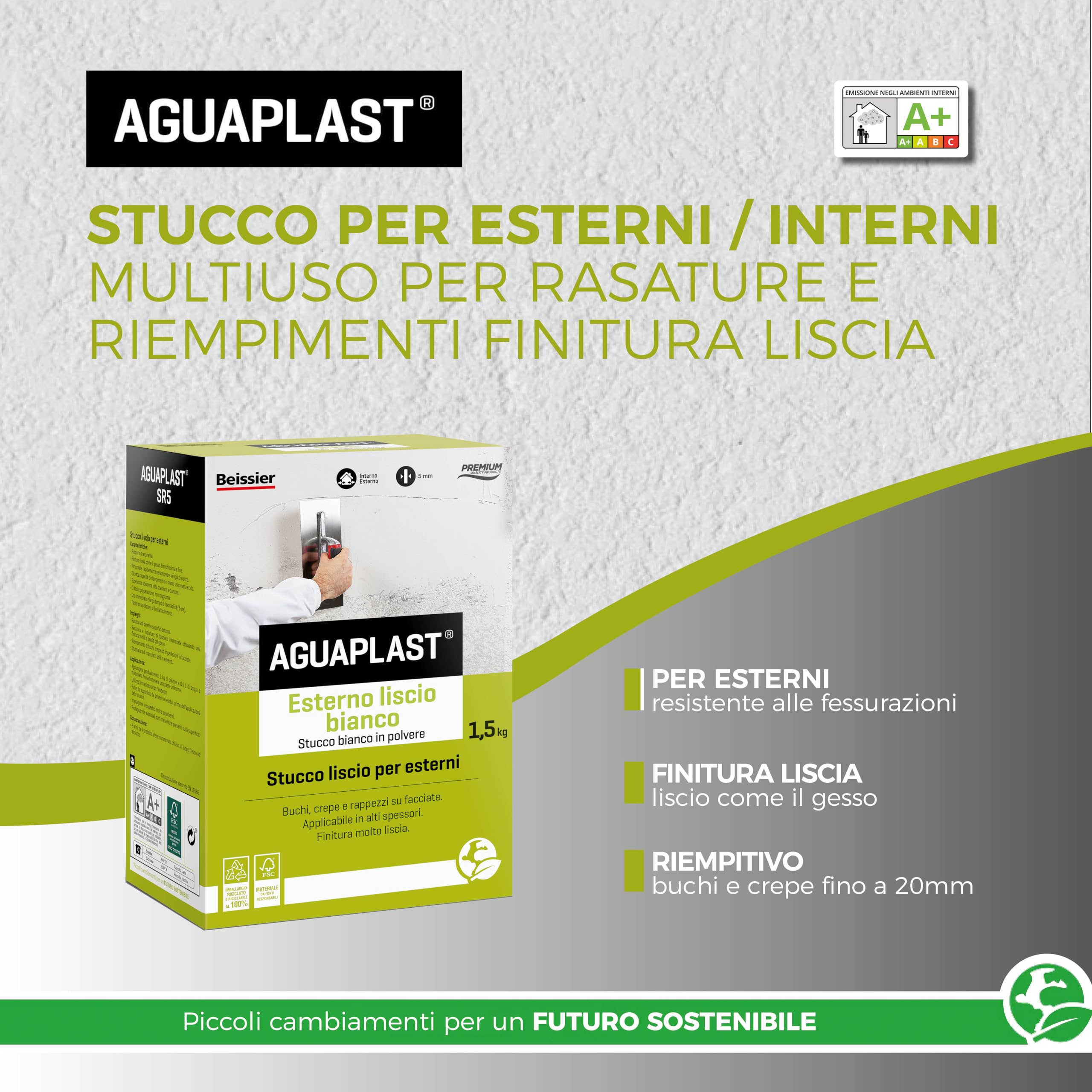Stucco per Esterni finitura liscia – Aguaplast SR5 per Rasature e Riempimenti di Crepe e Buchi – Stucco in Polvere Verniciabile per Facciate, Muri e Intonaco – Alta Resistenza - formato 1,5kg