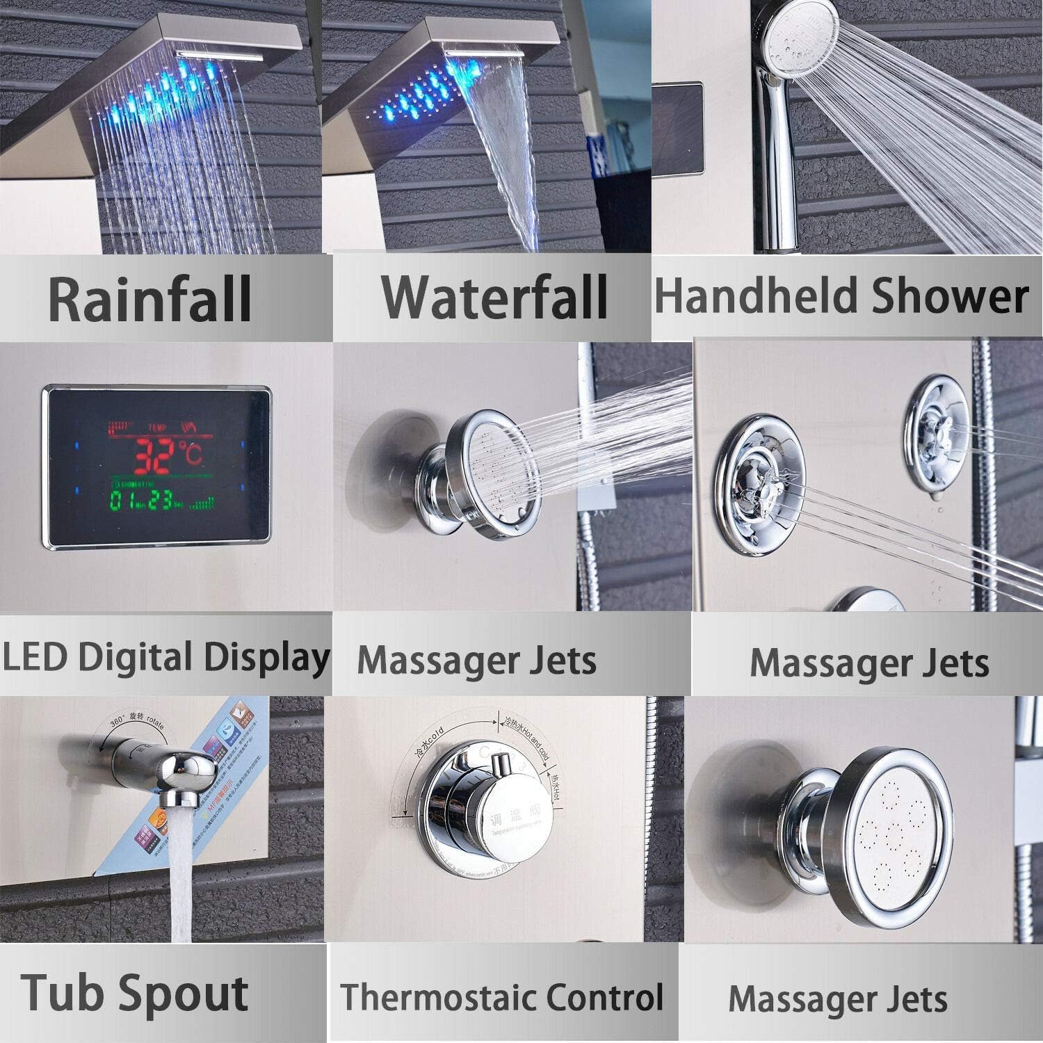 Bathroom Shower Panel Tower System Brushed Nickel 6 in 1 LED Shower Panel with Adjustable Body Jets Waterfall Shower Head Handheld Sprayer Tub Spout Wall Mount Shower Tower Column