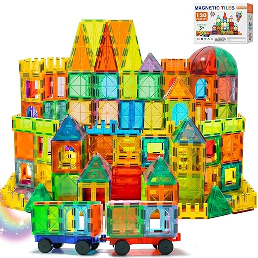 EchoPlan Magnetic Tiles, 130PCS Magnetic Blocks with 2 Cars, Magnet Tiles 3D Clear Building Blocks Set, STEM Sensory Educational Toys Gift for Toddlers Kids Boys 3 4 5 6 7 8 9+ Year Old