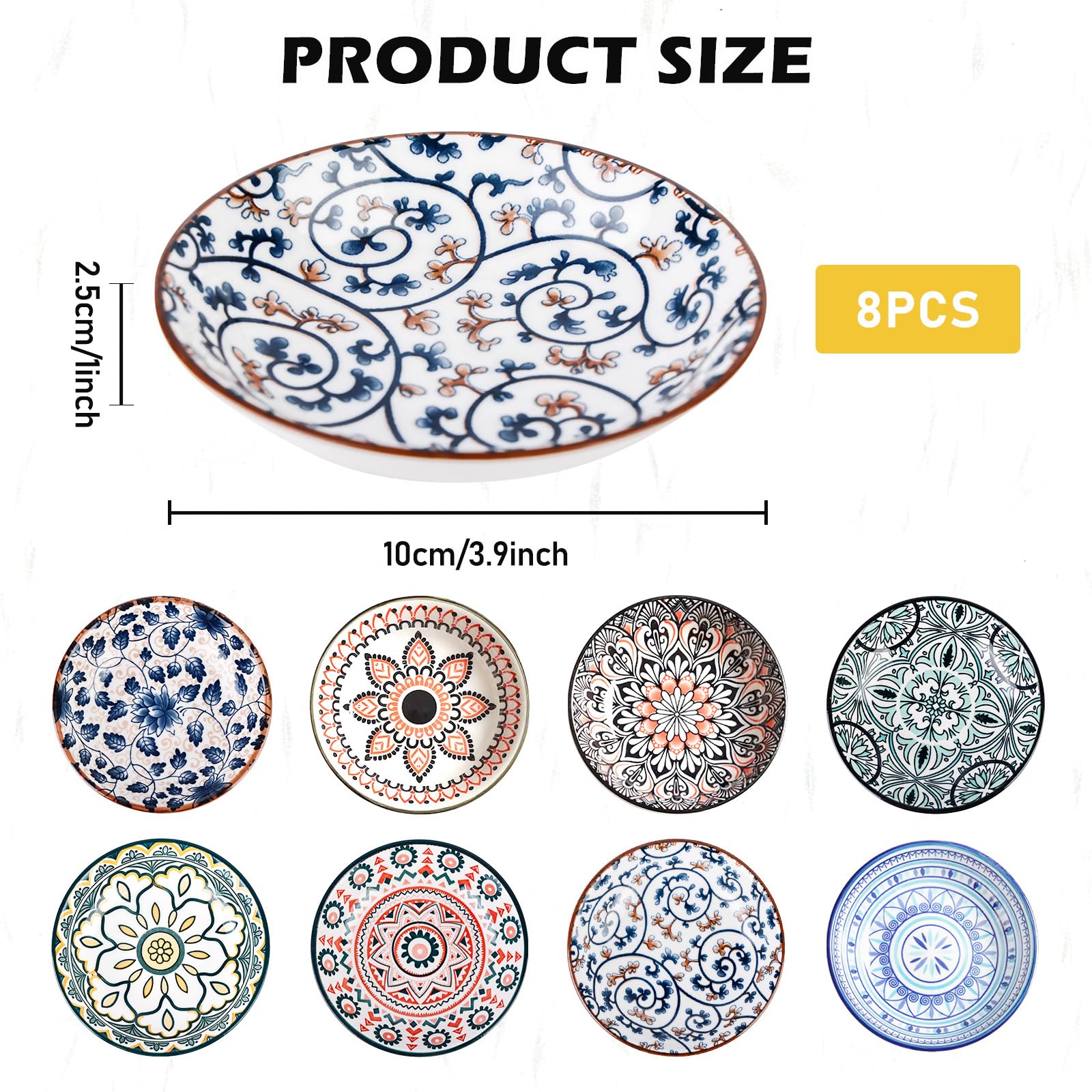 PORFOYO Set di 8 ciotole in ceramica per salse e spezie, resistenti al calore, perfette per snack, dessert e contorni (Ø 10 cm, colorati)
