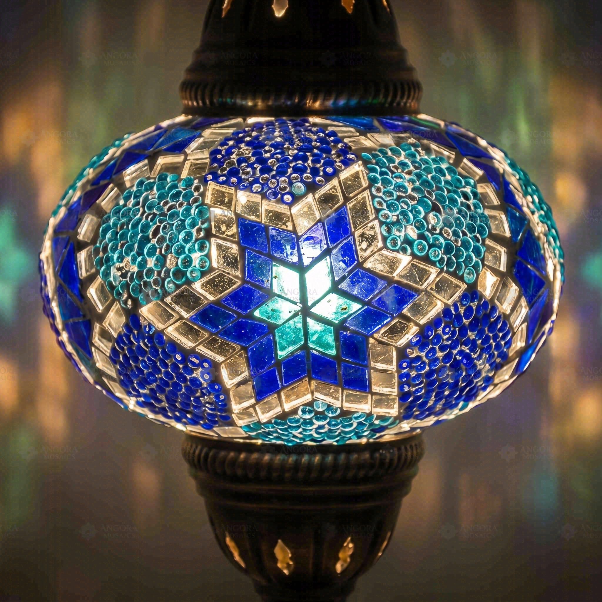 ENVA Niebieska turecka mozaika lampa stołowa - ręcznie wykonana mozaika szklana lampka nocna - wzór kobaltowej gwiazdy - marokański akcent lampa biurkowa