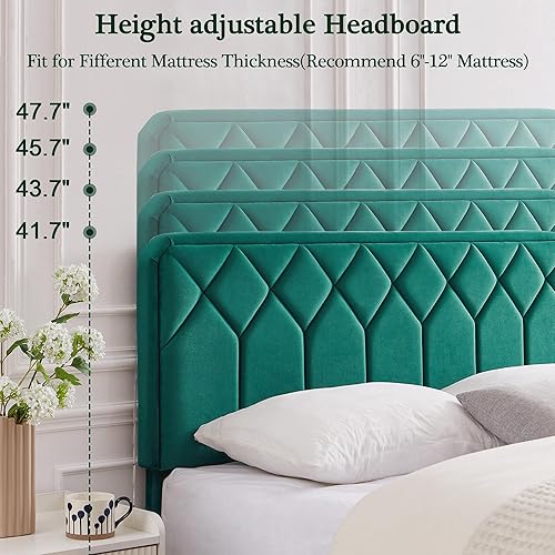 Miniatura 54 de VECELO Base de cama de tamaño matrimonial con plataforma tapizada de terciopelo de alta calidad con cabecera ajustable en altura / base de colchón,