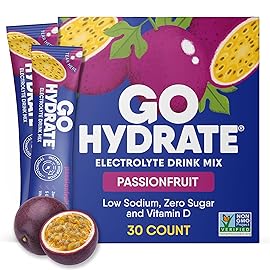 GoHydrate Low Sodium Electrolytes Powder Packets Sugar Free - Instant Hydration Daily Drink Mix - Zero Sugar Water Flavor Packet Singles with Vitamin D - (Passion Fruit, 30 Packs)