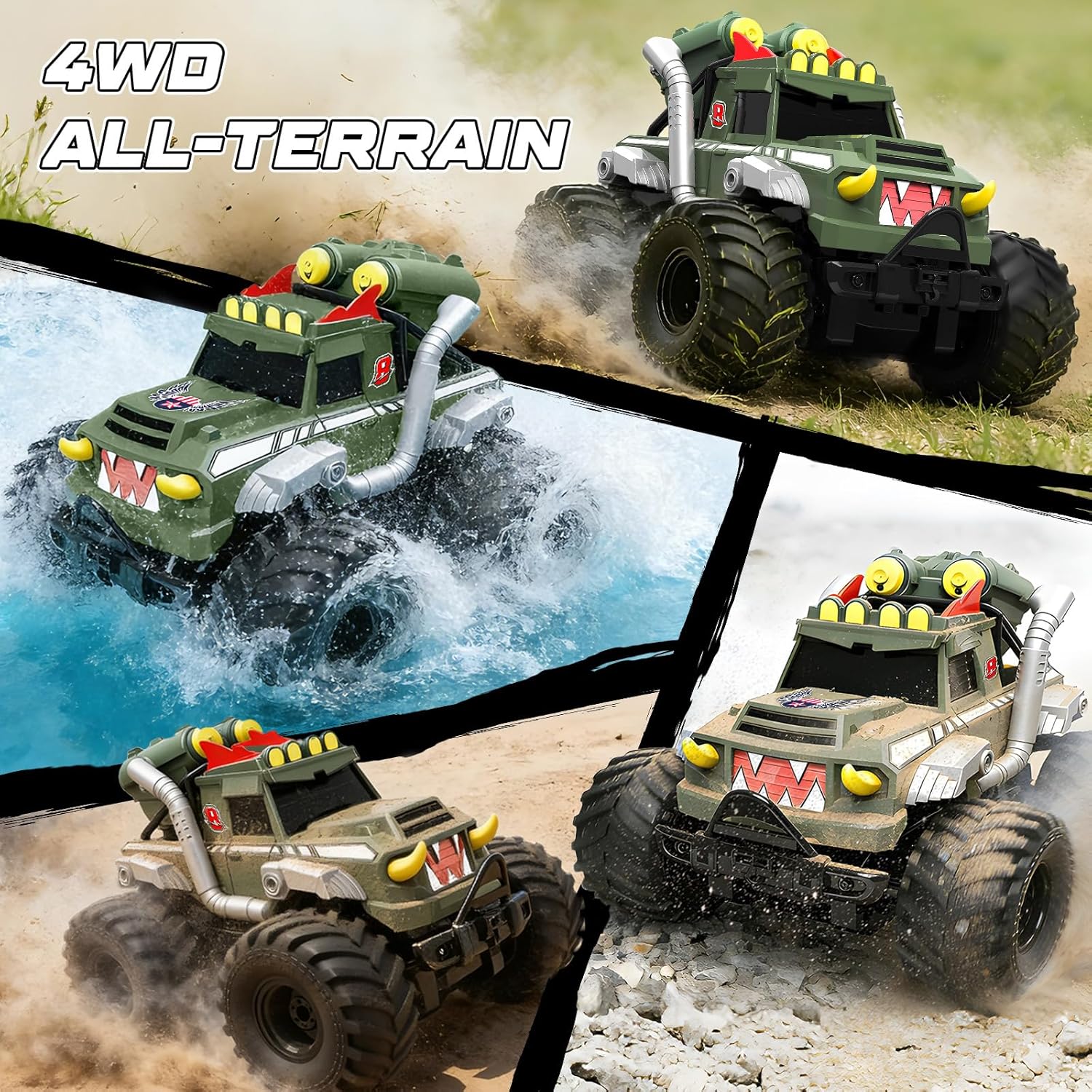 Remote Control Car, Amphibious Monster Trucks for Boys Age 4-7, 1:18 4WD All Terrain Waterproof Monster Truck Toys, 2.4GHz RC Boat W/2 Batteries, Birthday Gift for Kids Ages 6-12 Years Old