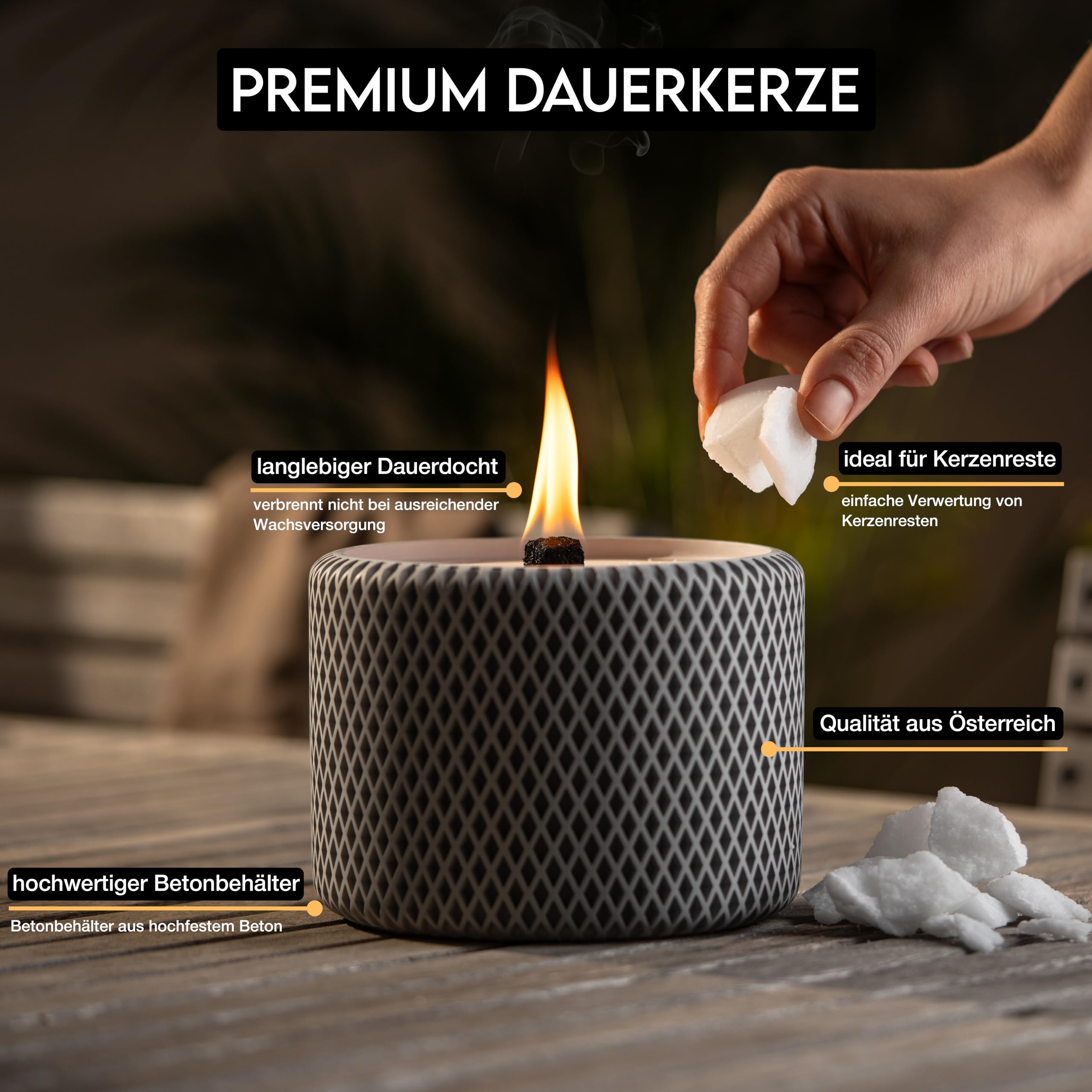 Wachsfeuer aus Beton | Ø15cm | Betonkerze | Terassenfeuer | Windlicht | Dauerkerze | Schmelzlicht | Hergestellt in Österreich | Modell "Fuji"
