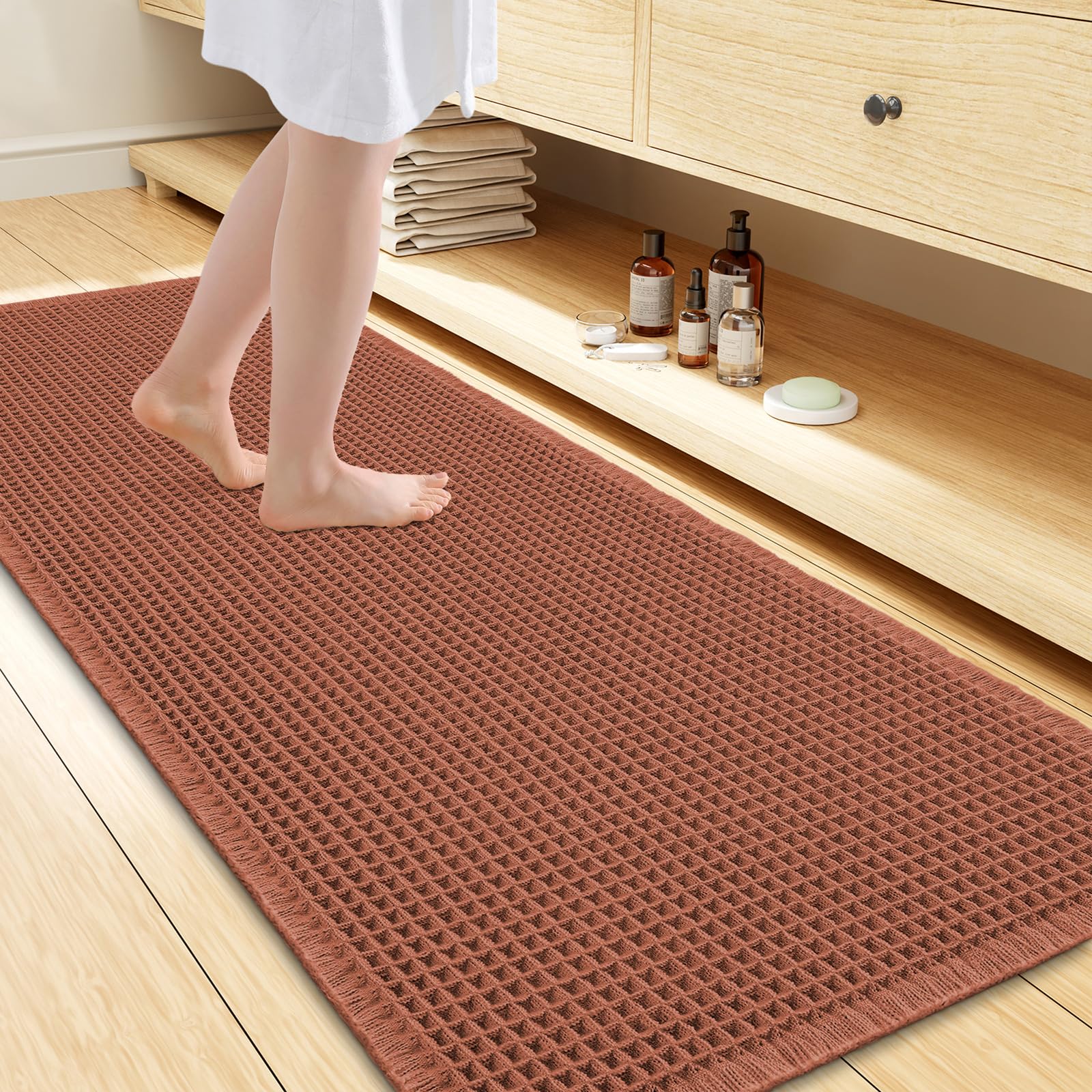Smiry Waffle Bath Mat 47X24, Extra Soft Absorbent Bathroom Rugs, Orange