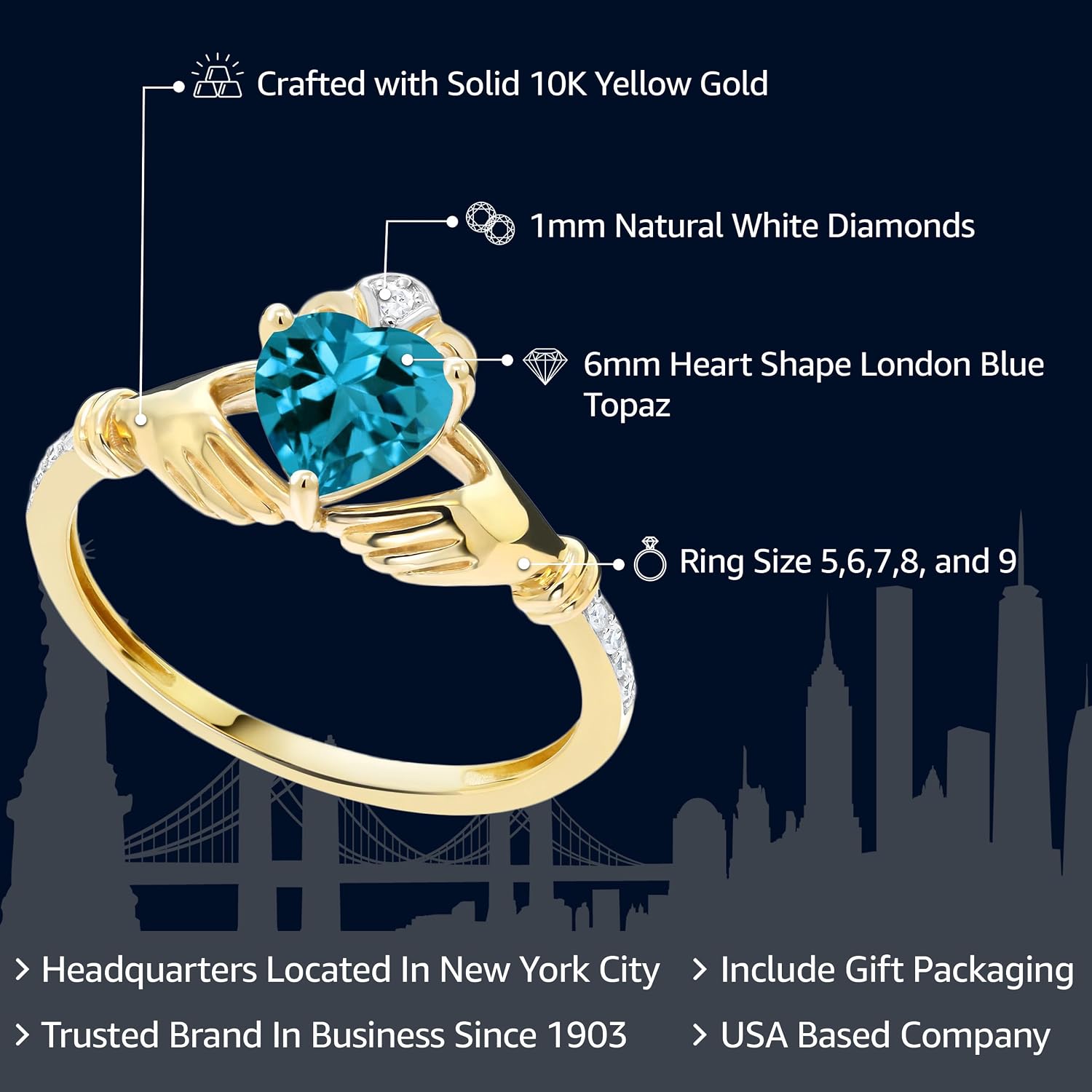 Gem Stone King 10K Yellow Gold 6MM Heart Shape Gemstone Birthstone and White Diamond Irish Celtic Claddagh Engagement Ring | Gold Ring For Women | Sizes 5 to 9