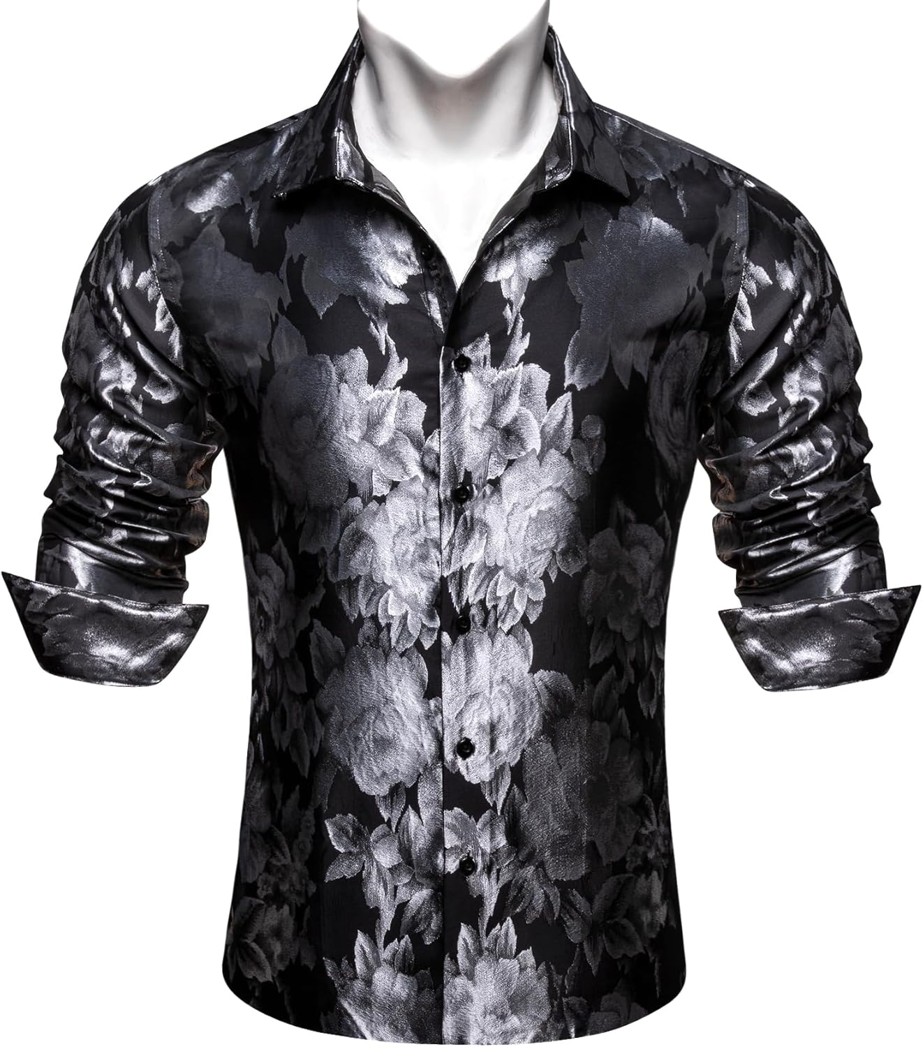 Barry.Wang Men's Silk Shirts Button Down Dress Shirt for Men Satin Paisley Floral Long Sleeve Cowboy Casual Mexico Shirts - Image 3