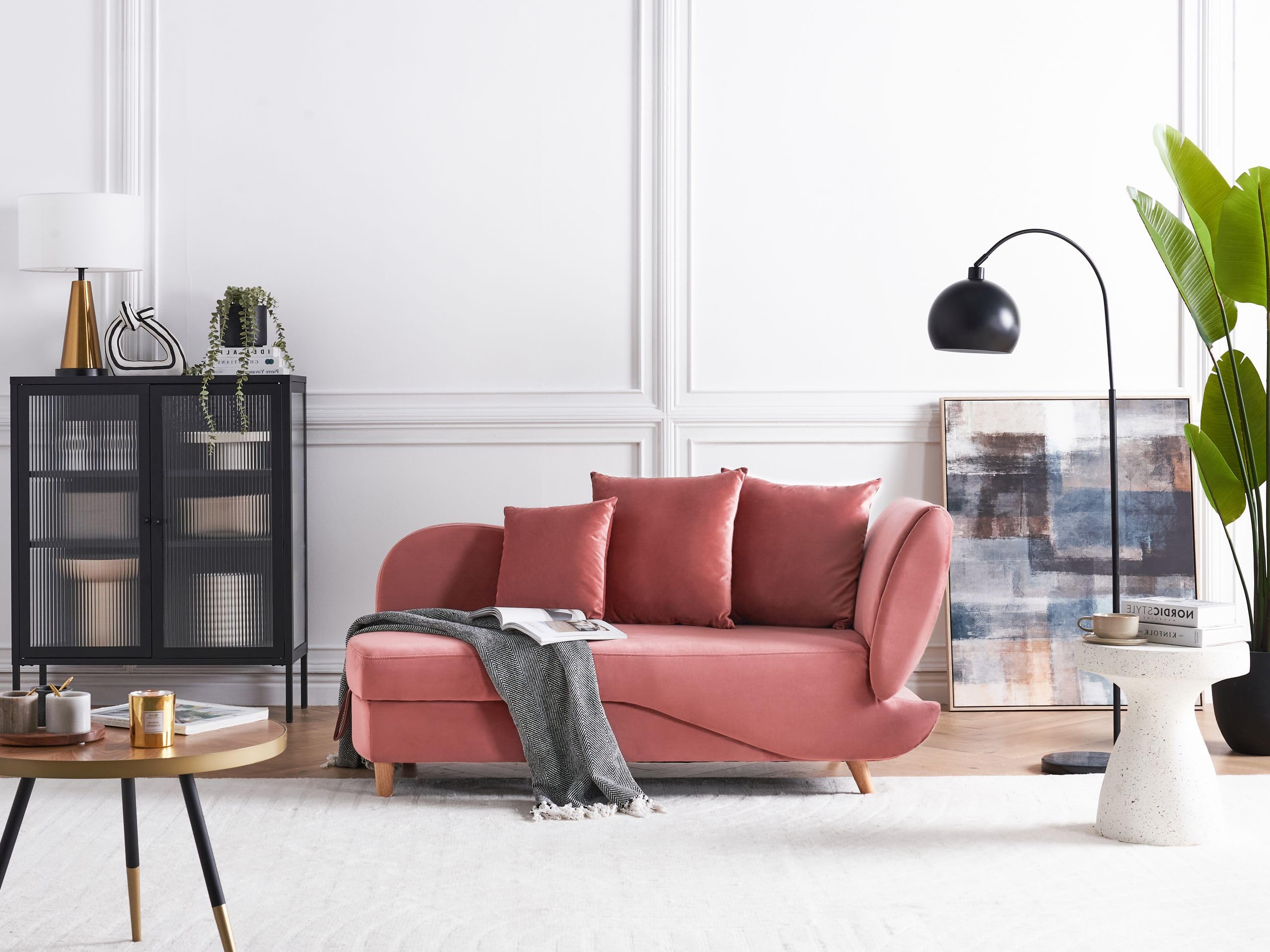 Beliani Chaiselongue Samt rosa rechtsseitig mit Stauraum Kissen modern Meri II