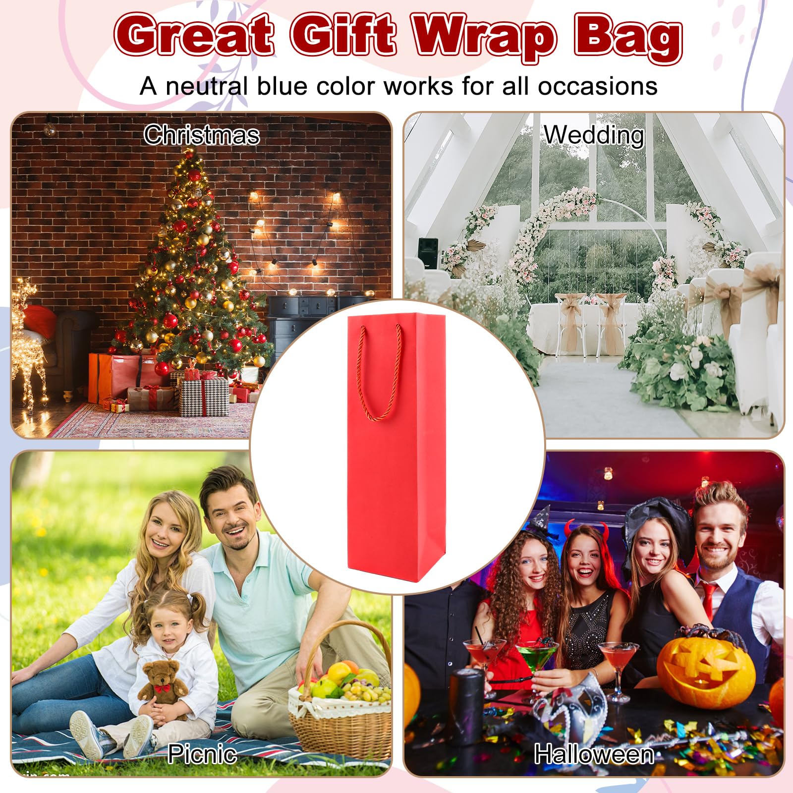 DAJAVE 30 Sacchetti regalo per vino in carta kraft, Shopper porta bottiglia vino Buste con manici, sacchetti per vino in carta kraft per Natale, matrimoni, feste (Rosso)