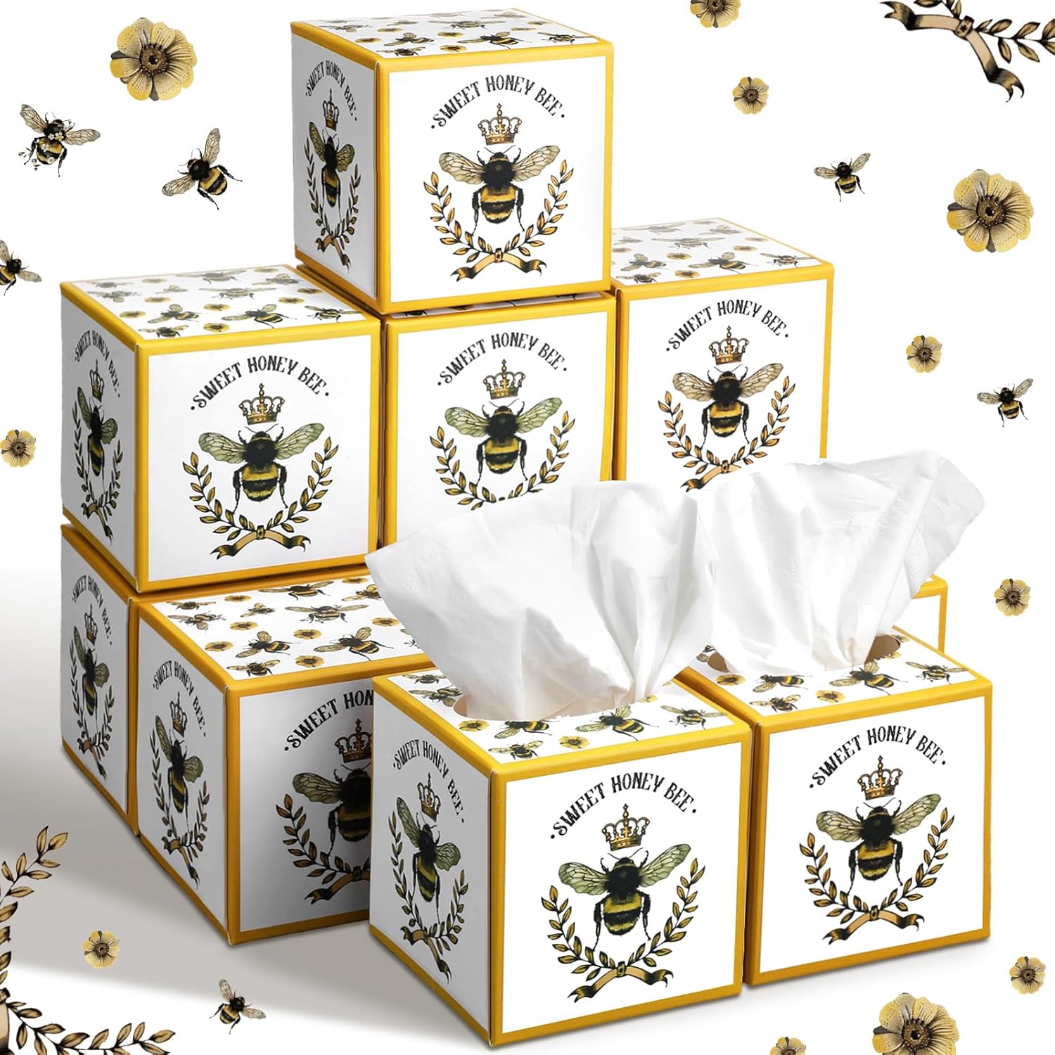 Bencailor 12 Pack Honey Bee Facial Tissues Cube Boxes 3 Ply Square Face Tissues Box Cover Holder for Spring Summer party Home Bathroom Office Car Accessories (Yellow)