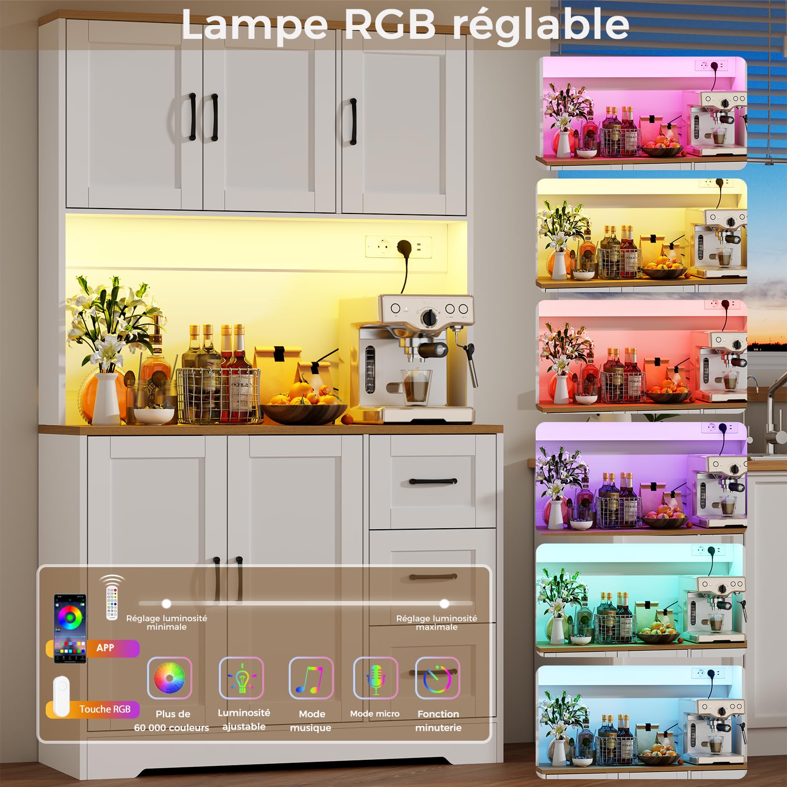 BEWISHOME Armoire de Cuisine, Buffet Haut, Meuble de Rangement, avec Éclairage LED, Meuble de Cuisine, 5 Portes, 3 Tiroirs, Étagères Réglables, Prise Électrique et USB, Blanc, 100x40x180 cm
