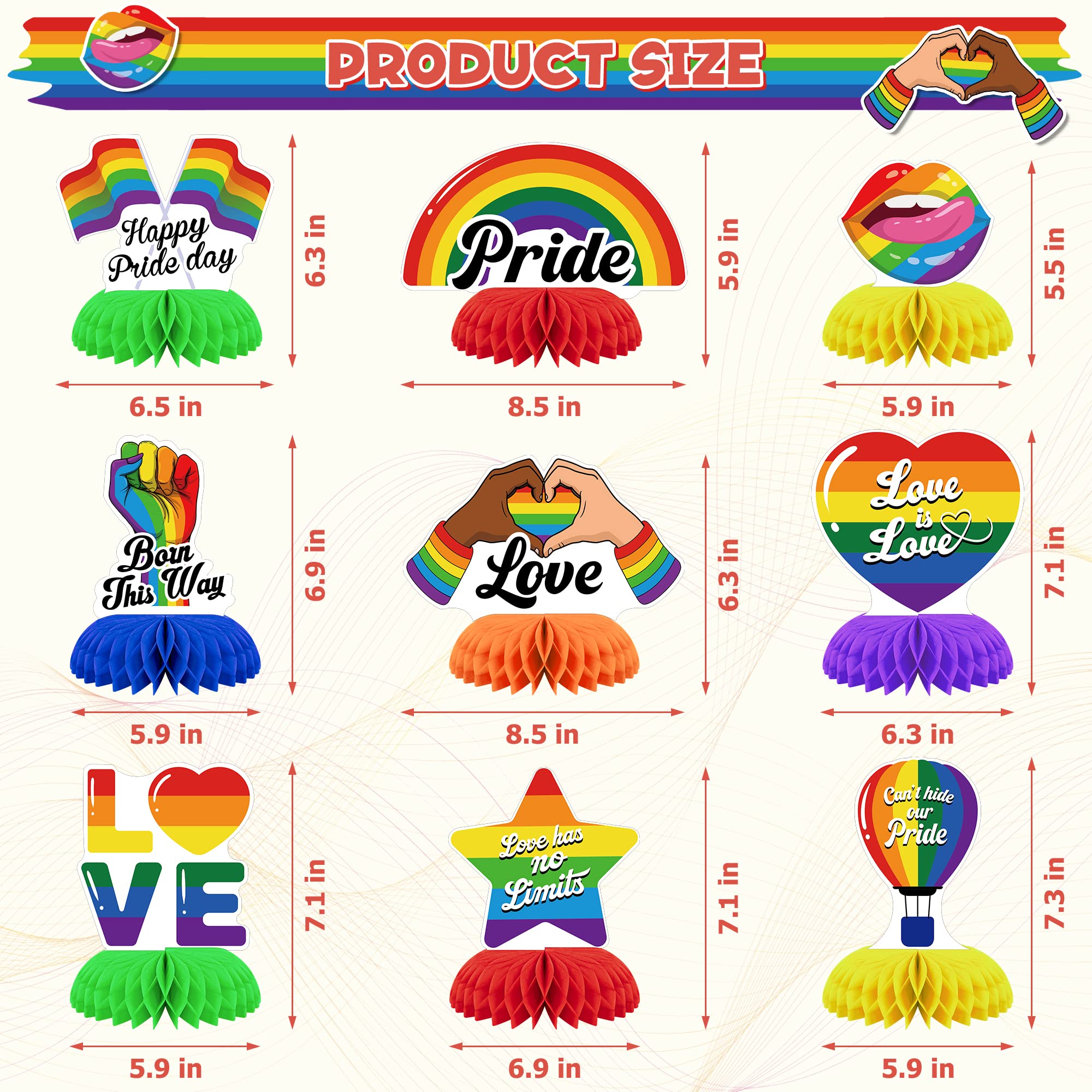 9 PCS Pride Decorations, Double Sided LGBT Honeycomb Centerpieces, 3D Pride Table Centerpieces for Party, Colorful Stripes Rainbow Table Toppers LGBT Pride Month Decor for Rainbow Party Supplies