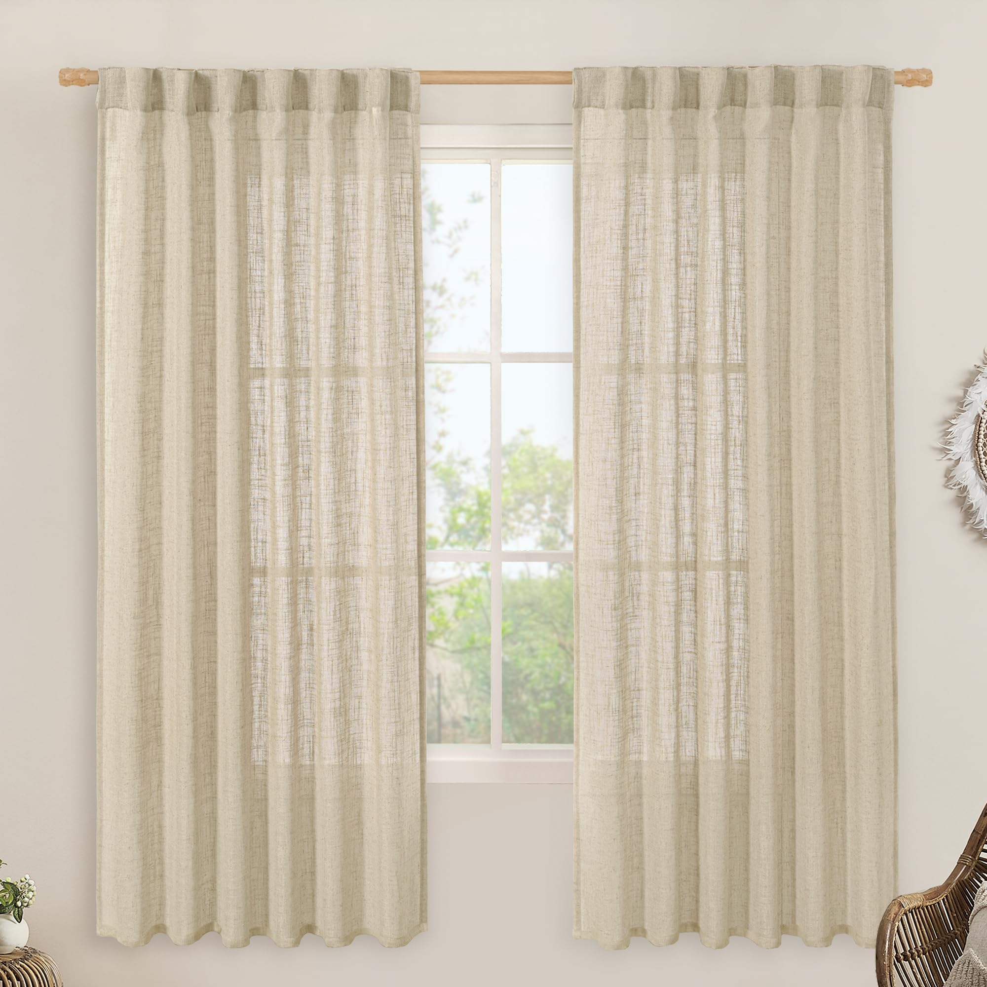 LAMIT Natural Sheer Linen Curtains for Bedroom 72 Inch Length 2 Panels