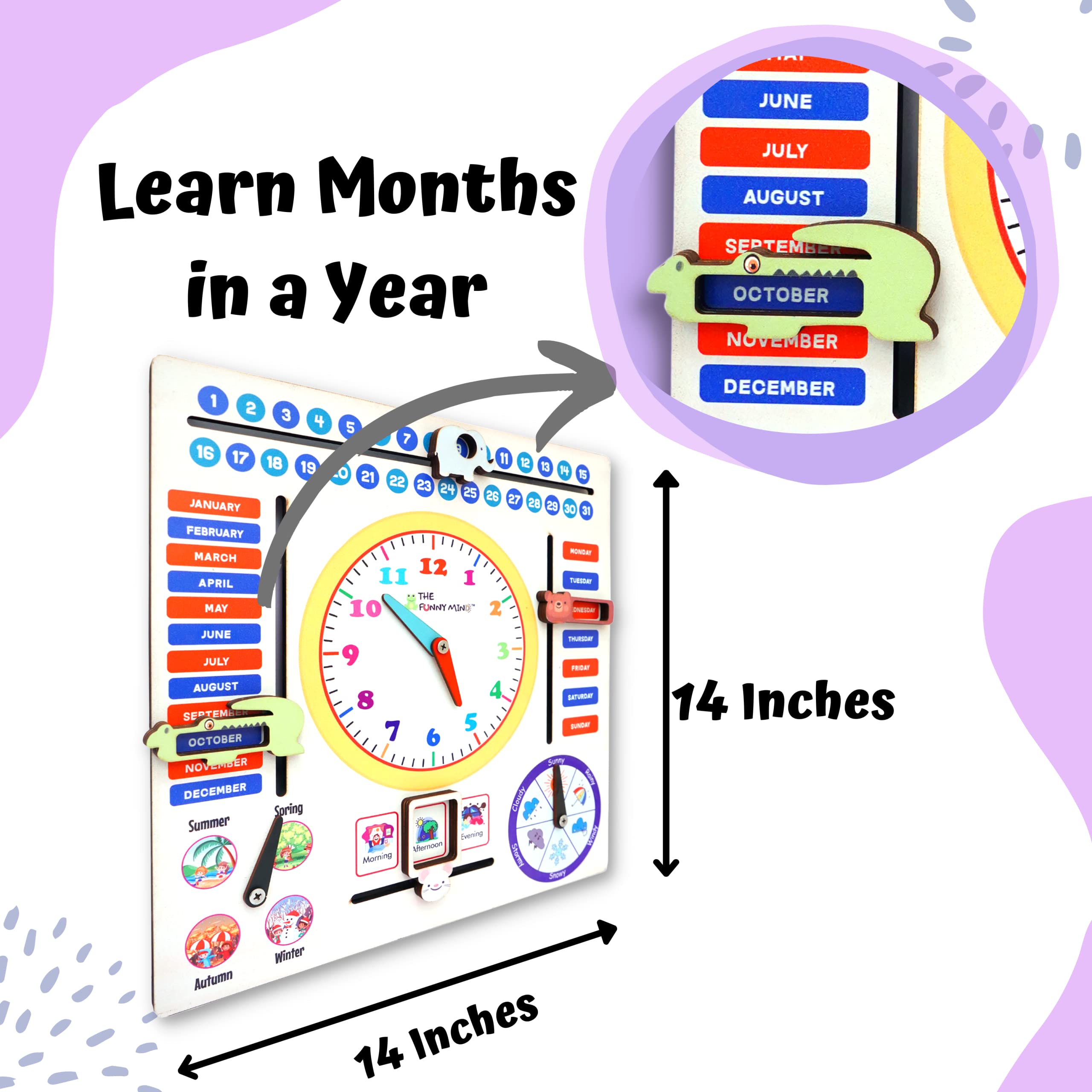 The Funny Mind 7 Activities Teaching Clock with Weather, Days, Months, Dates, Greetings, and Seasons Board Wooden Toy Game for Kids, Toddlers, and Babies | Preschool Educational Toy 36 X 36 Cm - Image 7 thumbnail
